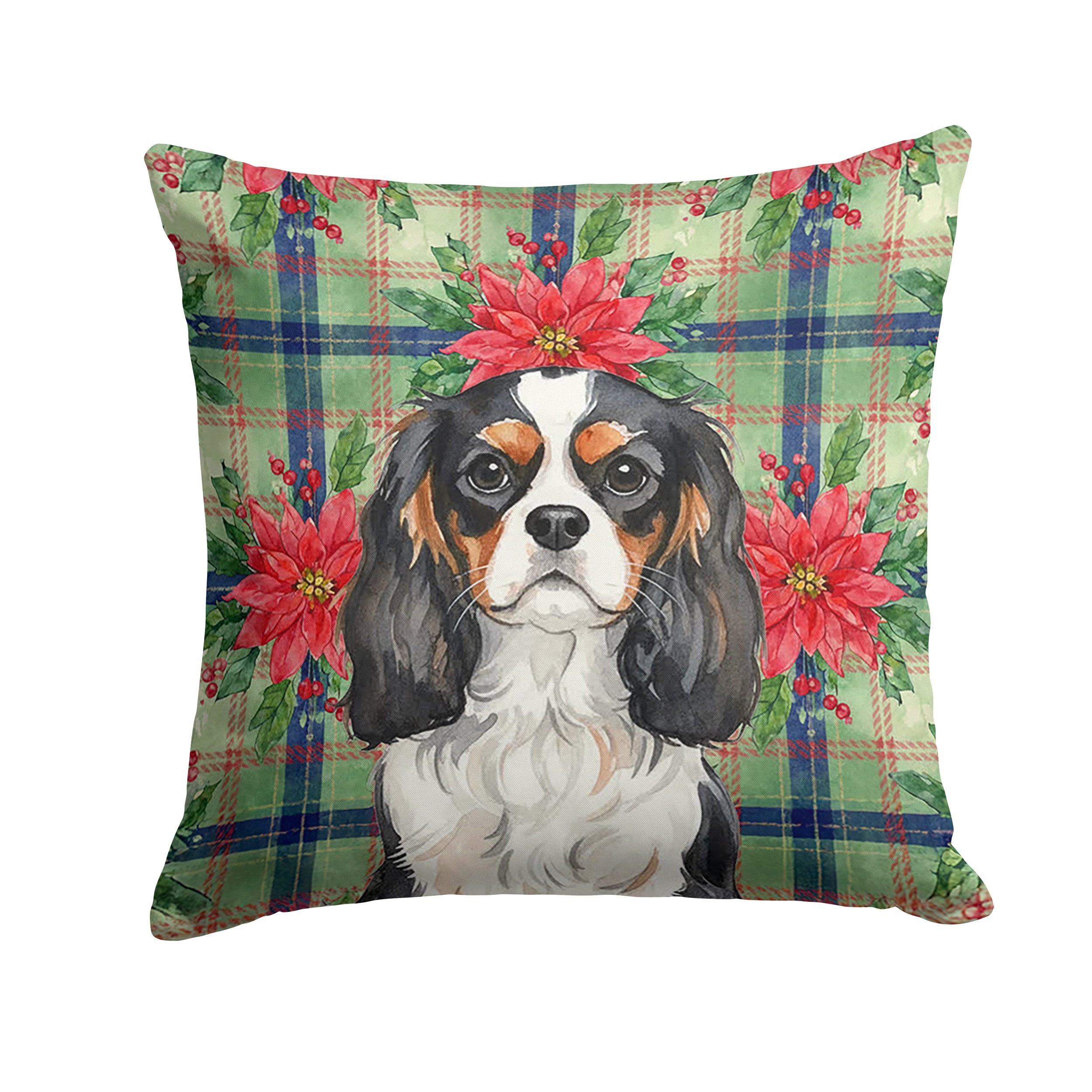 Tricolor Cavalier Spaniel Christmas PoinsettIas Decorative Throw Pillow 18x18 Indoor Outdoor Accent Cushion, Fabric Cover with Insert for Sofa, Bed, Porch & Living Room