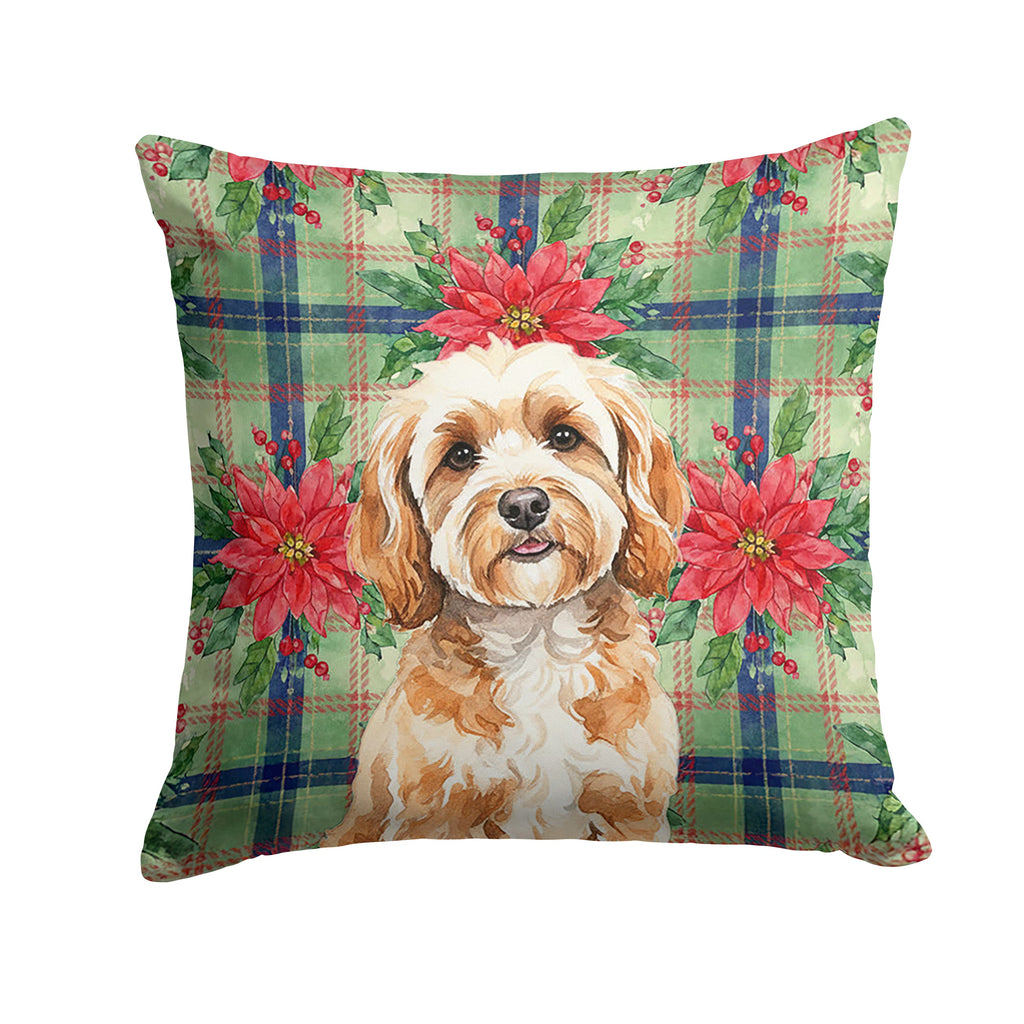 Cavapoo Christmas PoinsettIas Decorative Throw Pillow 14x14 Indoor Outdoor Accent Cushion, Fabric Cover with Insert for Sofa, Bed, Porch & Living Room
