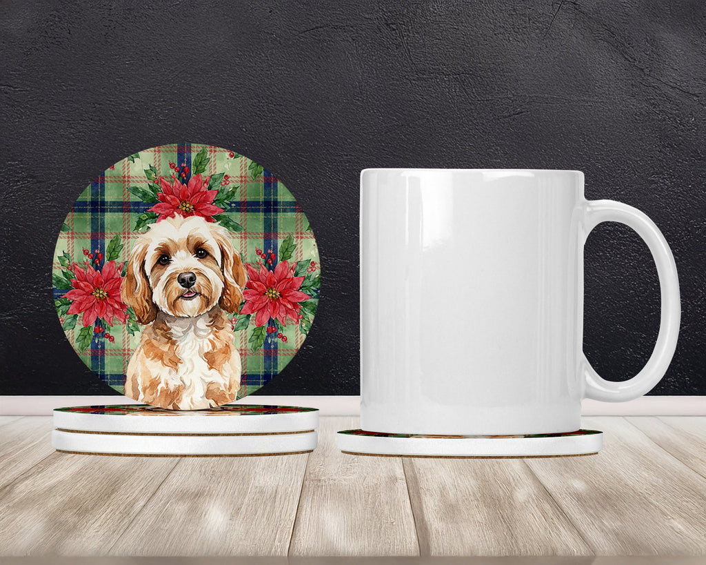 Cavapoo Christmas PoinsettIas Large Sandstone Coasters Pack of 4 Absorbent Round Coasters Decor Gifts for Men or Women, 4 in, Multicolor