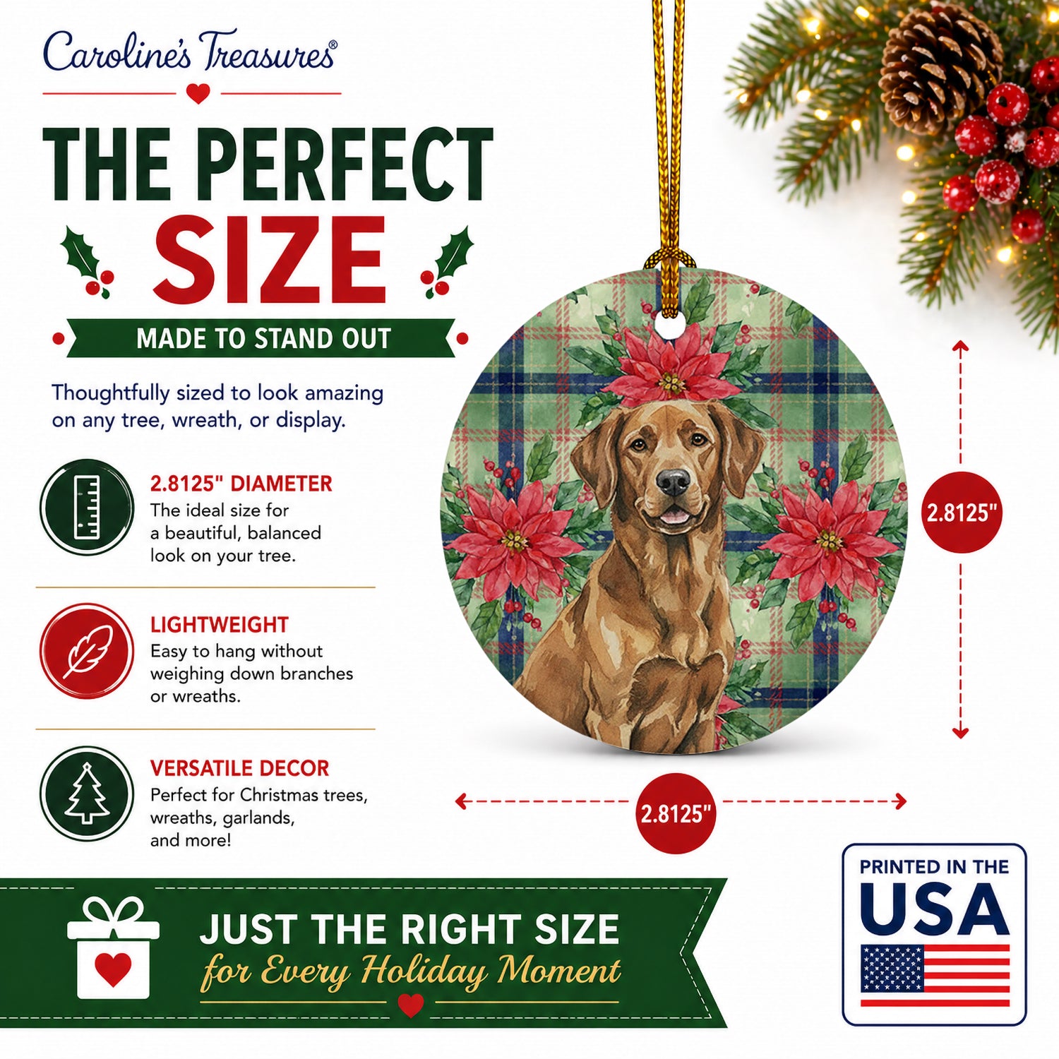 Chesapeake Bay Retriever Christmas PoinsettIas Ceramic Ornament Christmas Tree Hanging Decorations for Home Christmas Holiday, Party, Gift, 3 in, Multicolor