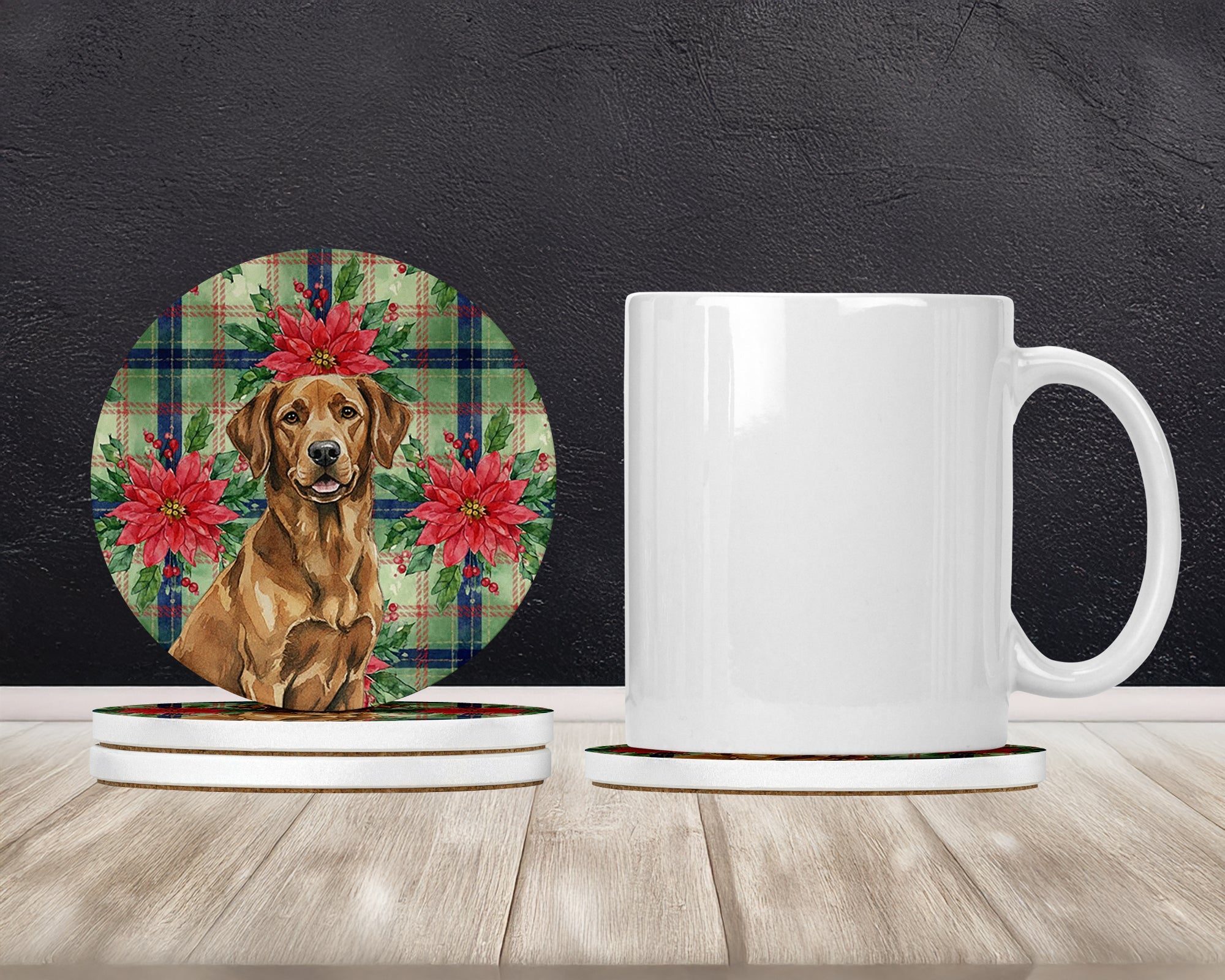Chesapeake Bay Retriever Christmas PoinsettIas Large Sandstone Coasters Pack of 4 Absorbent Round Coasters Decor Gifts for Men or Women, 4 in, Multicolor
