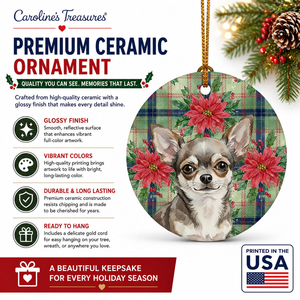 Chihuahua Christmas PoinsettIas Ceramic Ornament Christmas Tree Hanging Decorations for Home Christmas Holiday, Party, Gift, 3 in, Multicolor