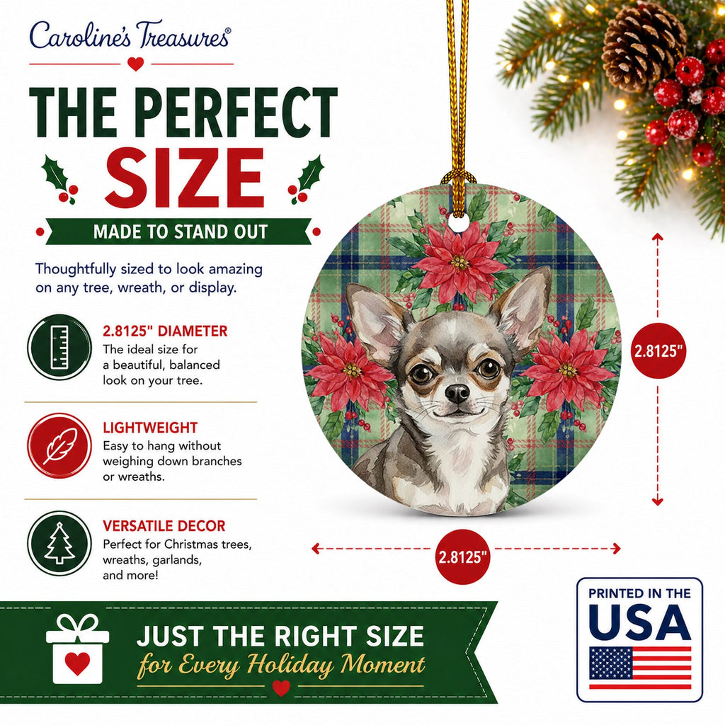 Chihuahua Christmas PoinsettIas Ceramic Ornament Christmas Tree Hanging Decorations for Home Christmas Holiday, Party, Gift, 3 in, Multicolor
