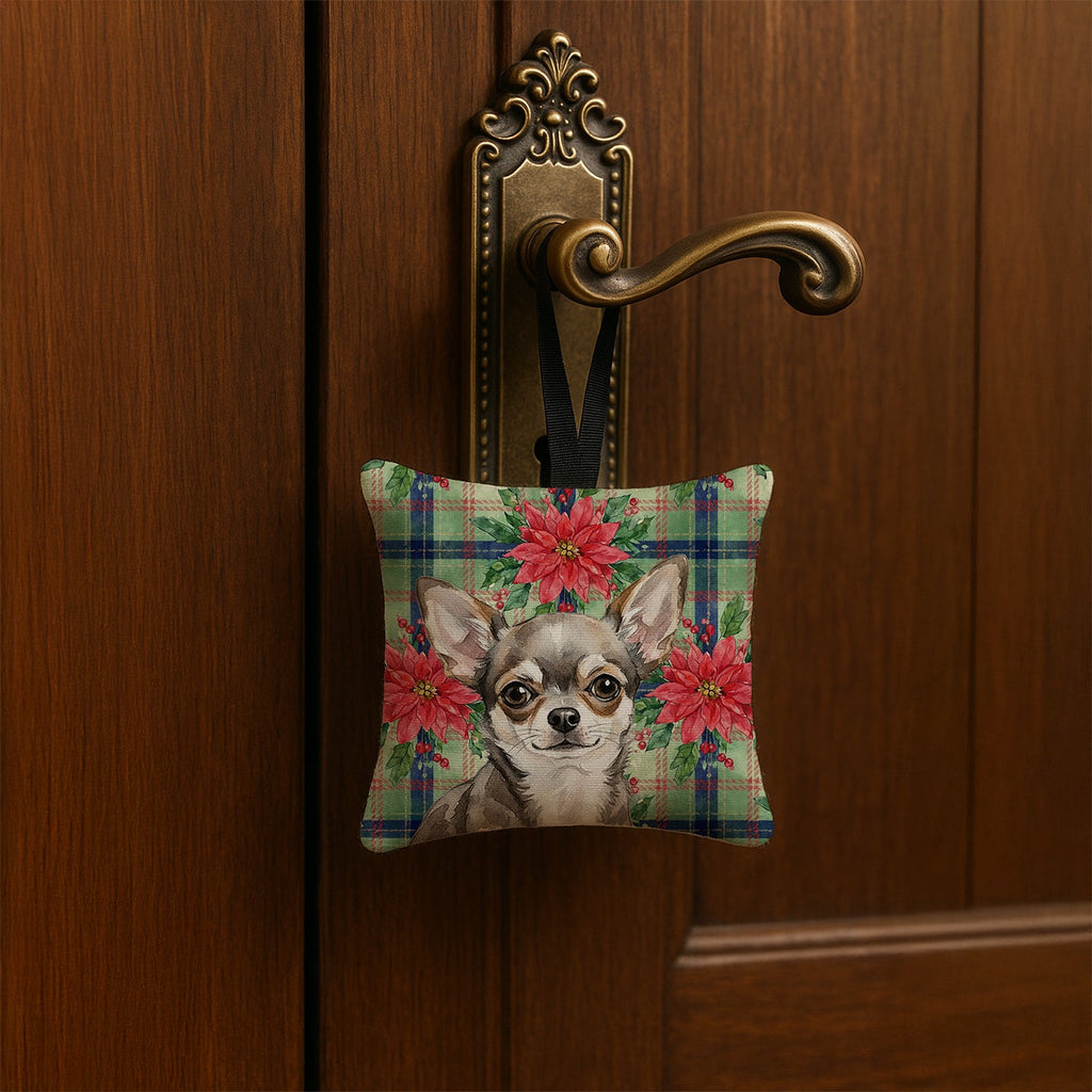 Chihuahua Christmas PoinsettIas Hanging Square Fabric Ornament 3.5 � 3.5 Decorative Door-Knob & Tree Hanger, Soft Fabric