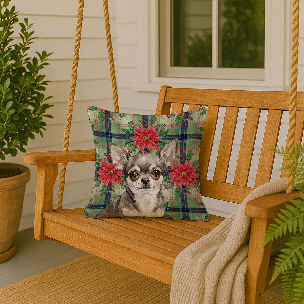 Chihuahua Christmas PoinsettIas Decorative Throw Pillow 18x18 Indoor Outdoor Accent Cushion, Fabric Cover with Insert for Sofa, Bed, Porch & Living Room