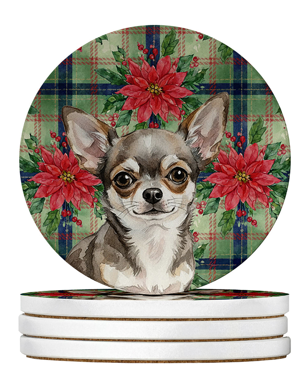 Chihuahua Christmas PoinsettIas Large Sandstone Coasters Pack of 4 Absorbent Round Coasters Decor Gifts for Men or Women, 4 in, Multicolor