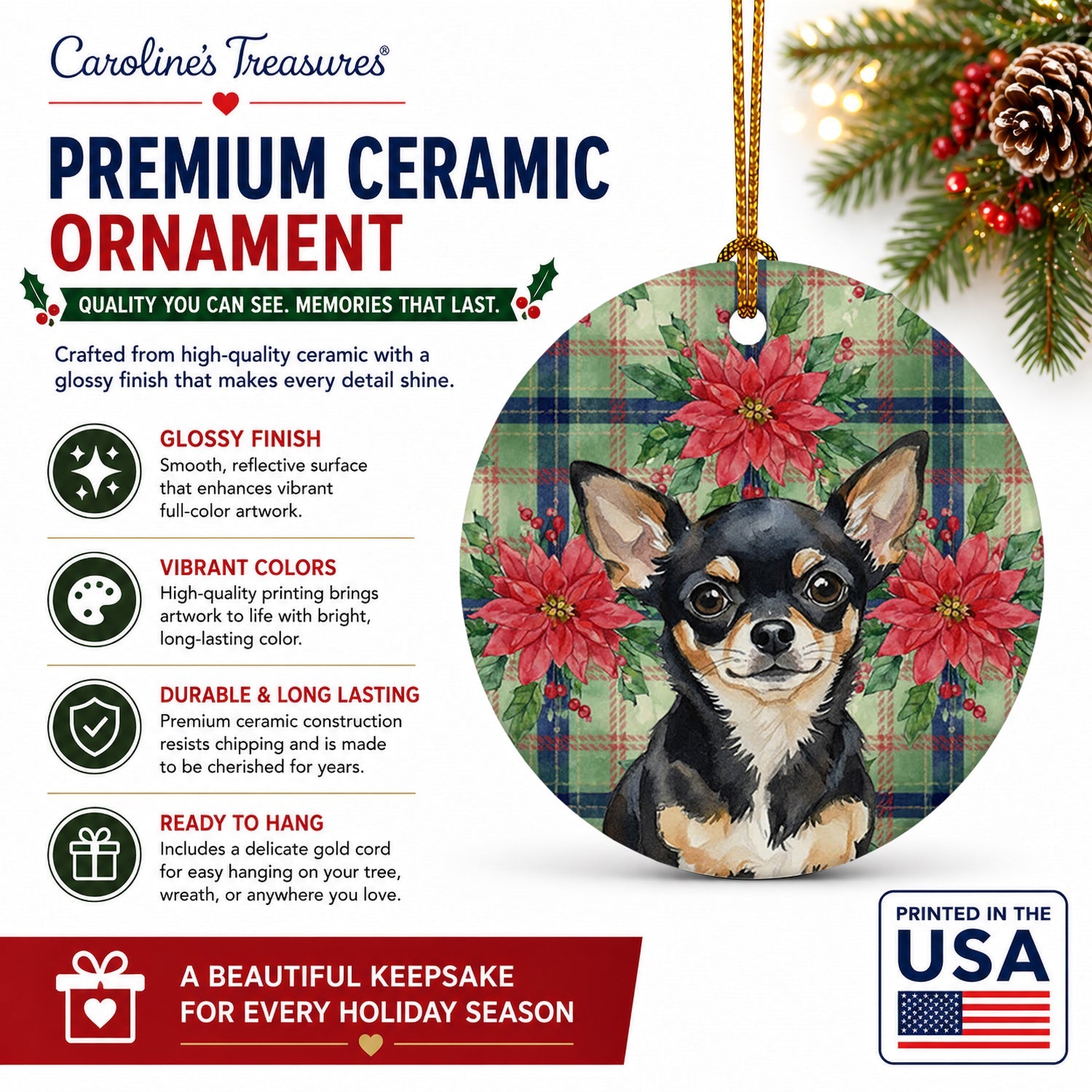 Black and Tan Chihuahua Christmas PoinsettIas Ceramic Ornament Christmas Tree Hanging Decorations for Home Christmas Holiday, Party, Gift, 3 in, Multicolor
