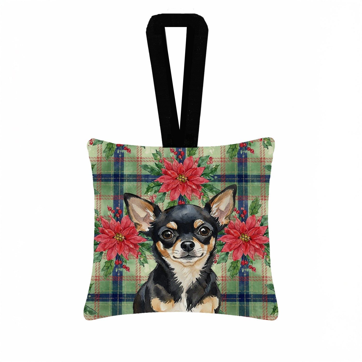 Black and Tan Chihuahua Christmas PoinsettIas Hanging Square Fabric Ornament 3.5 � 3.5 Decorative Door-Knob & Tree Hanger, Soft Fabric