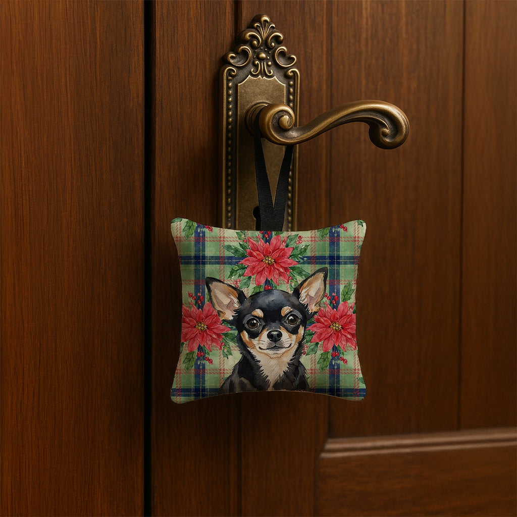 Black and Tan Chihuahua Christmas PoinsettIas Hanging Square Fabric Ornament 3.5 � 3.5 Decorative Door-Knob & Tree Hanger, Soft Fabric