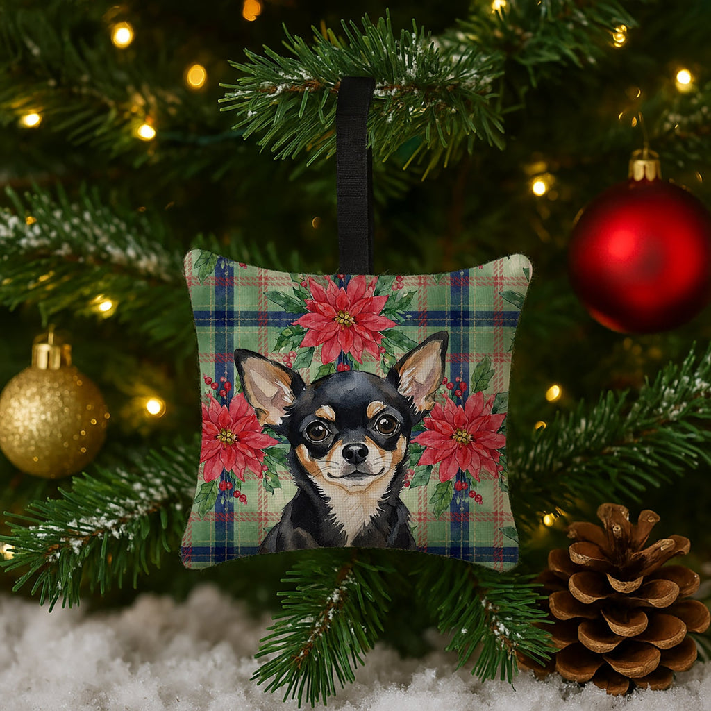 Black and Tan Chihuahua Christmas PoinsettIas Hanging Square Fabric Ornament 3.5 � 3.5 Decorative Door-Knob & Tree Hanger, Soft Fabric