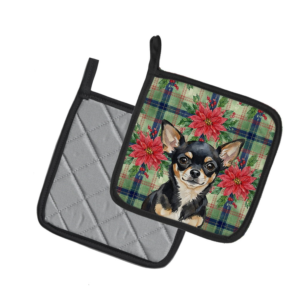 Black and Tan Chihuahua Christmas PoinsettIas Pot Holder Set of 2 Heat Resistant Quilted Hot Pads 7.5 x 7.5 Inch, Insulated Kitchen Trivets for Cooking & Baking