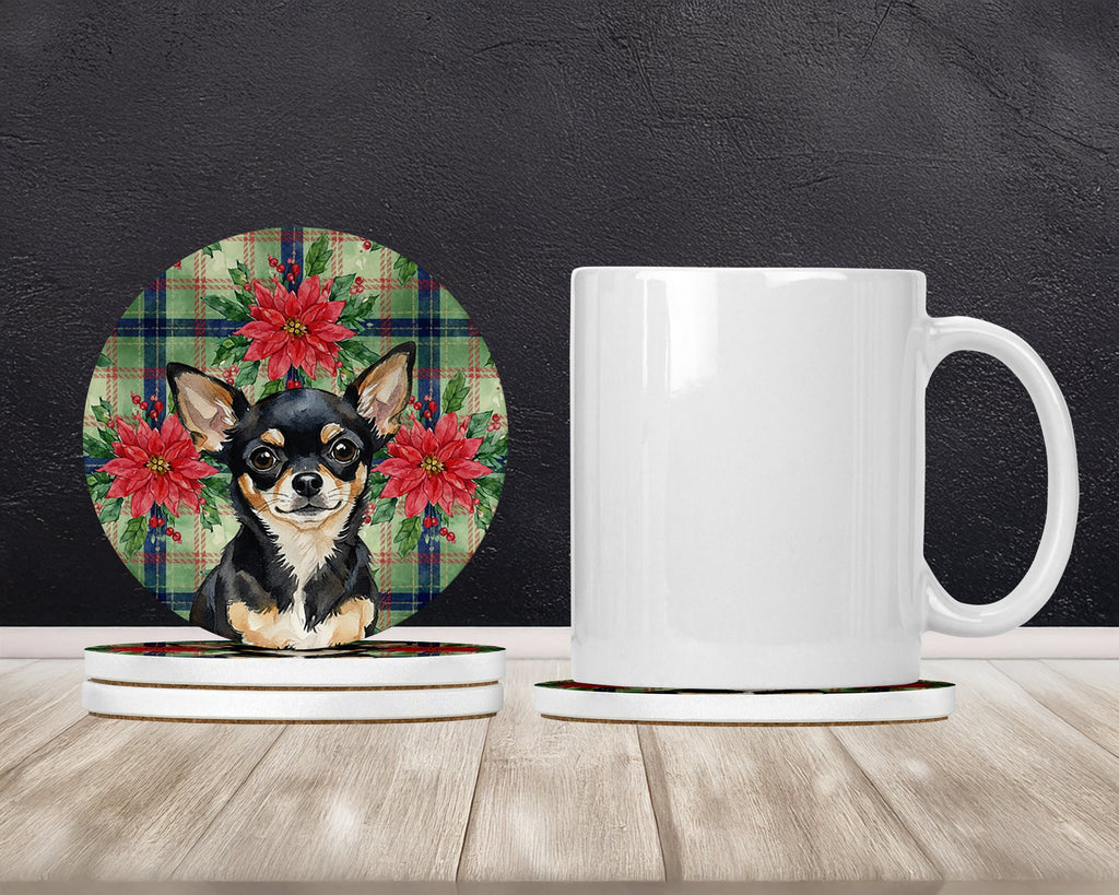 Black and Tan Chihuahua Christmas PoinsettIas Large Sandstone Coasters Pack of 4 Absorbent Round Coasters Decor Gifts for Men or Women, 4 in, Multicolor