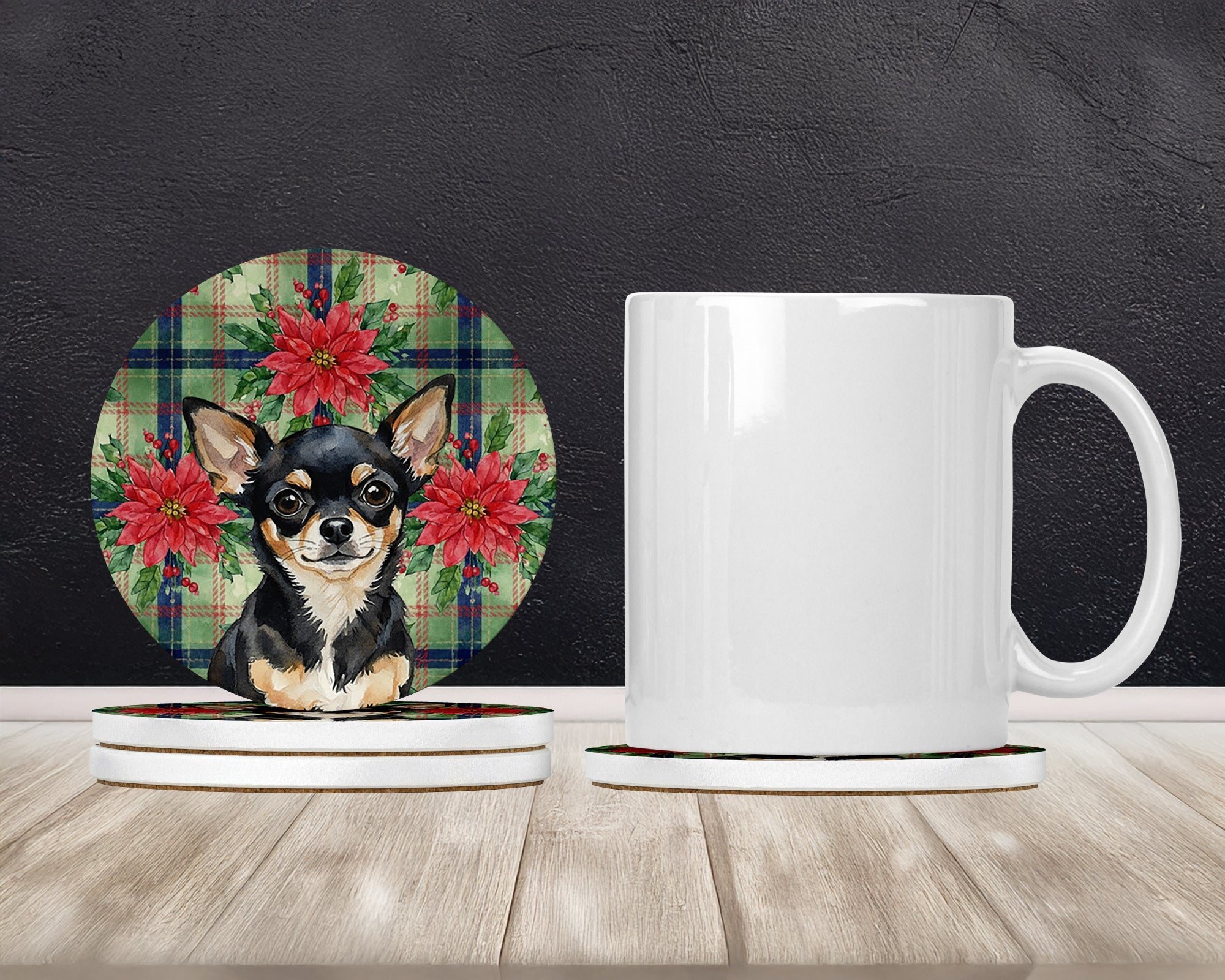 Black and Tan Chihuahua Christmas PoinsettIas Large Sandstone Coasters Pack of 4 Absorbent Round Coasters Decor Gifts for Men or Women, 4 in, Multicolor