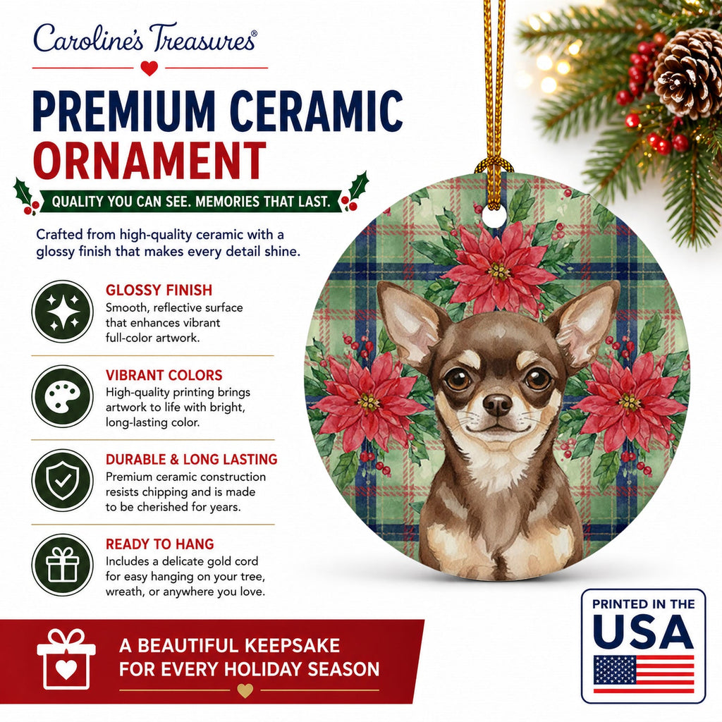 Chocolate Chihuahua Christmas PoinsettIas Ceramic Ornament Christmas Tree Hanging Decorations for Home Christmas Holiday, Party, Gift, 3 in, Multicolor