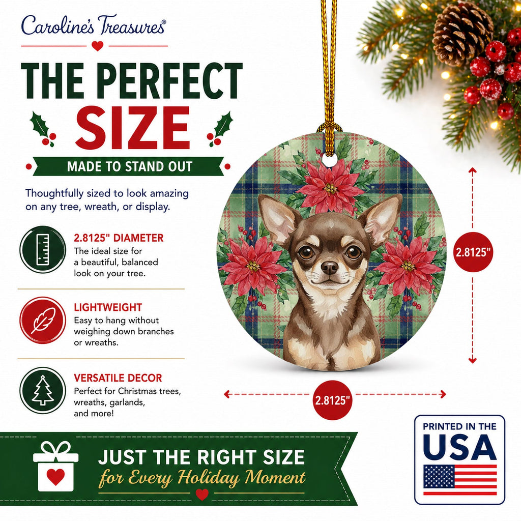 Chocolate Chihuahua Christmas PoinsettIas Ceramic Ornament Christmas Tree Hanging Decorations for Home Christmas Holiday, Party, Gift, 3 in, Multicolor