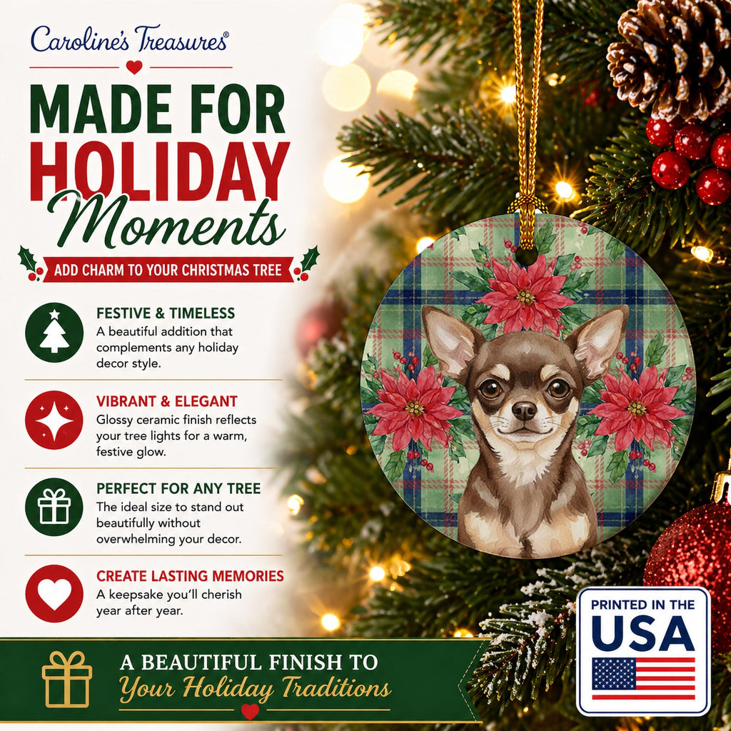 Chocolate Chihuahua Christmas PoinsettIas Ceramic Ornament Christmas Tree Hanging Decorations for Home Christmas Holiday, Party, Gift, 3 in, Multicolor