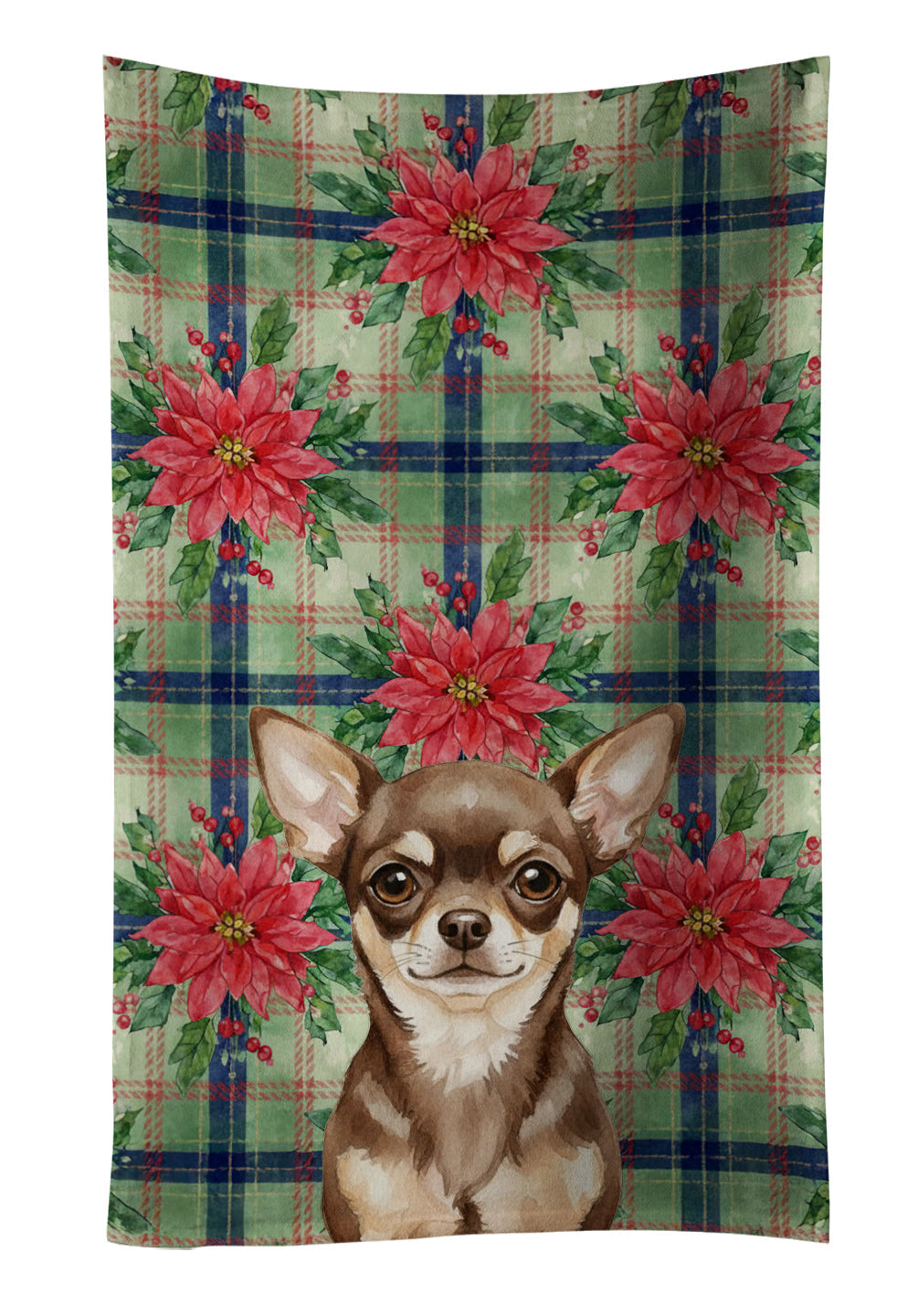 Chocolate Chihuahua Christmas PoinsettIas Kitchen Towel Velour Plush Front and Cotton Loop Back Machine Washable