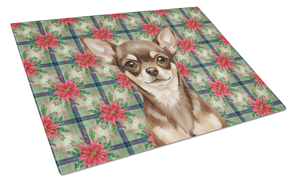 Chocolate Chihuahua Christmas PoinsettIas Cutting Board Tempered Glass Kitchen Cutting Surface, Heat Resistant Chopping, Non-Slip Feet, Food Prep & Serving