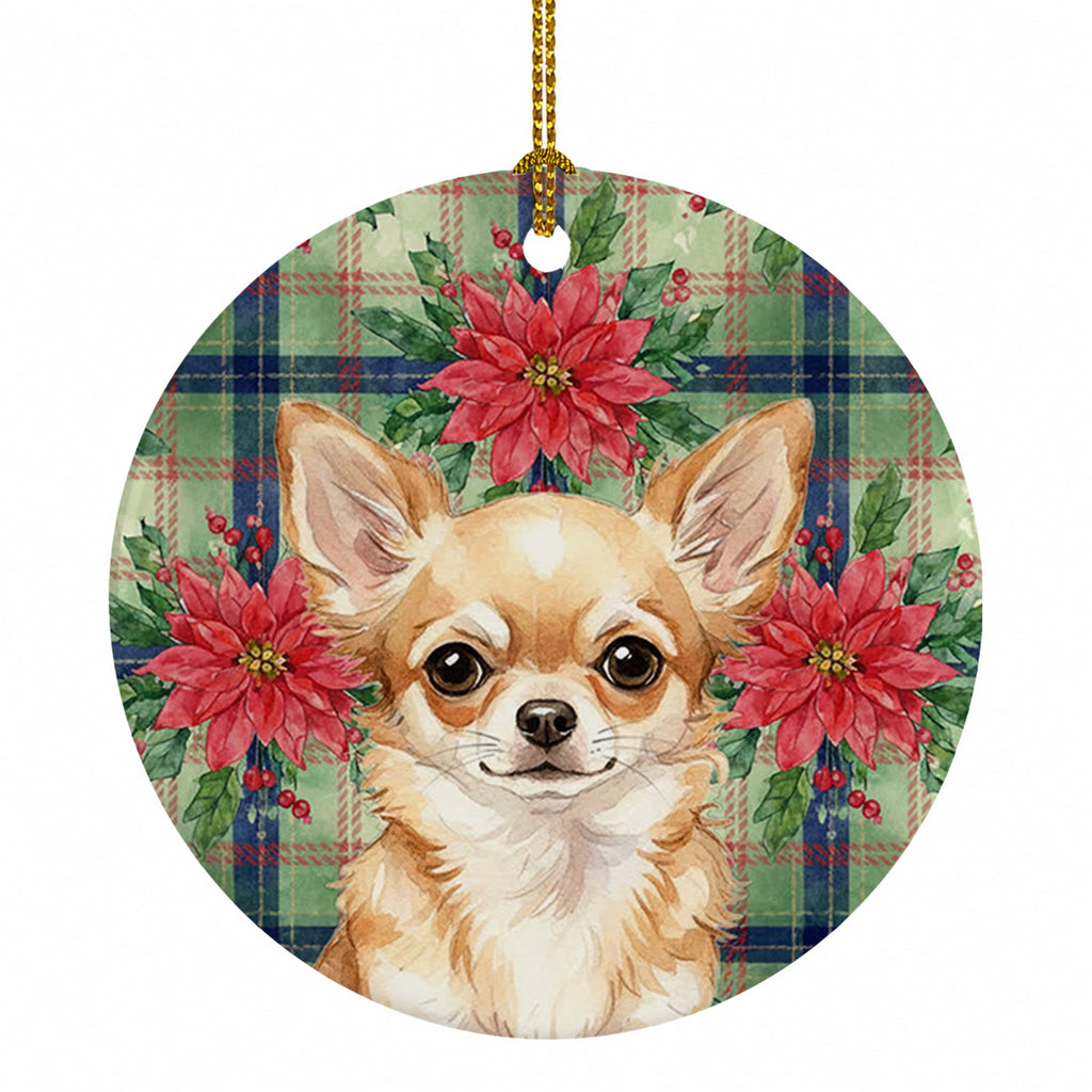 Fawn Chihuahua Christmas PoinsettIas Ceramic Ornament Christmas Tree Hanging Decorations for Home Christmas Holiday, Party, Gift, 3 in, Multicolor