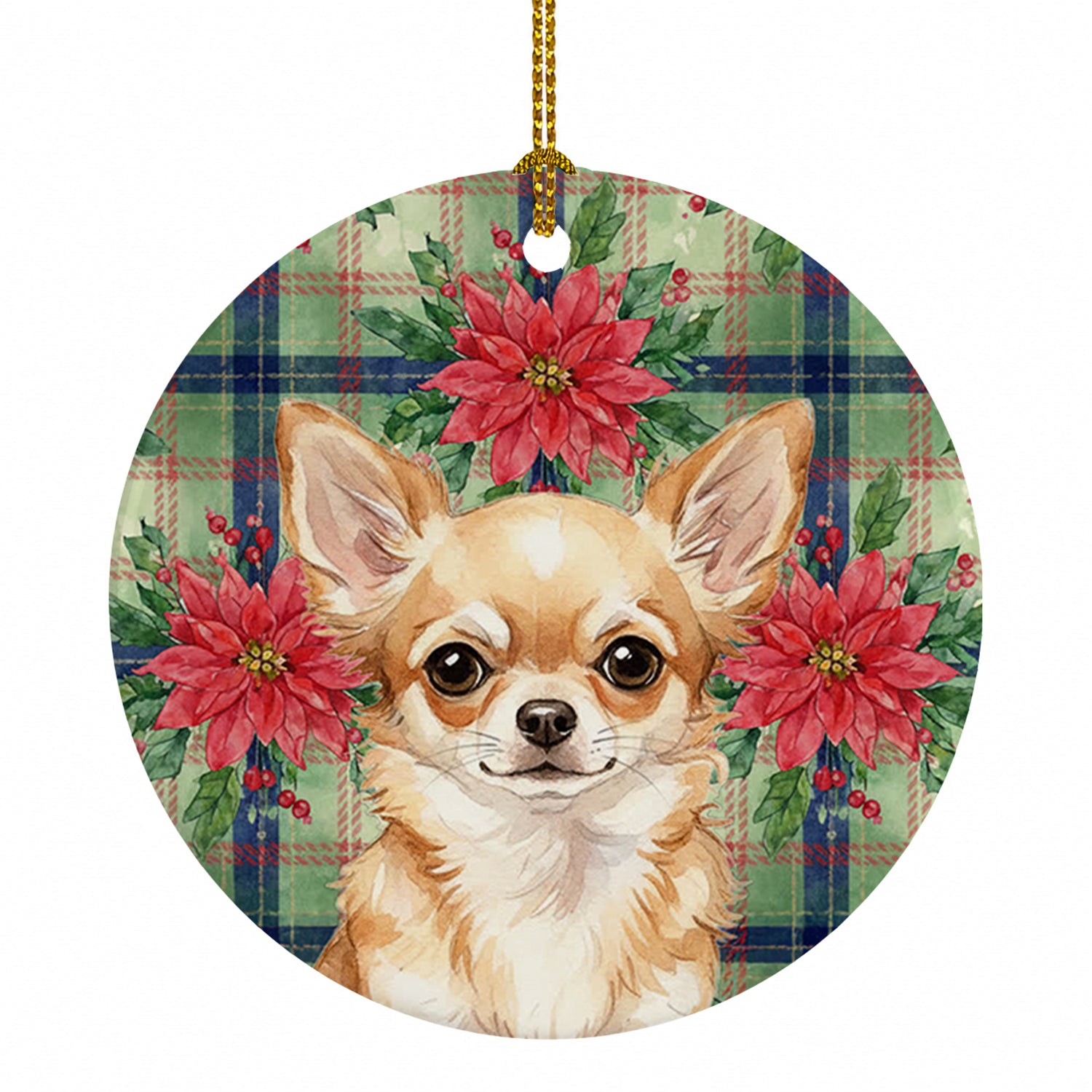 Fawn Chihuahua Christmas PoinsettIas Ceramic Ornament Christmas Tree Hanging Decorations for Home Christmas Holiday, Party, Gift, 3 in, Multicolor
