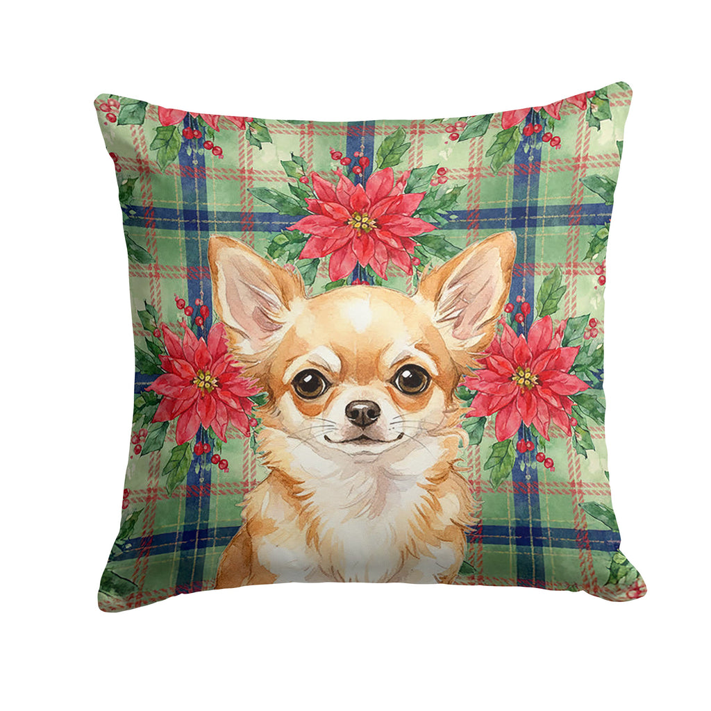 Fawn Chihuahua Christmas PoinsettIas Decorative Throw Pillow 14x14 Indoor Outdoor Accent Cushion, Fabric Cover with Insert for Sofa, Bed, Porch & Living Room