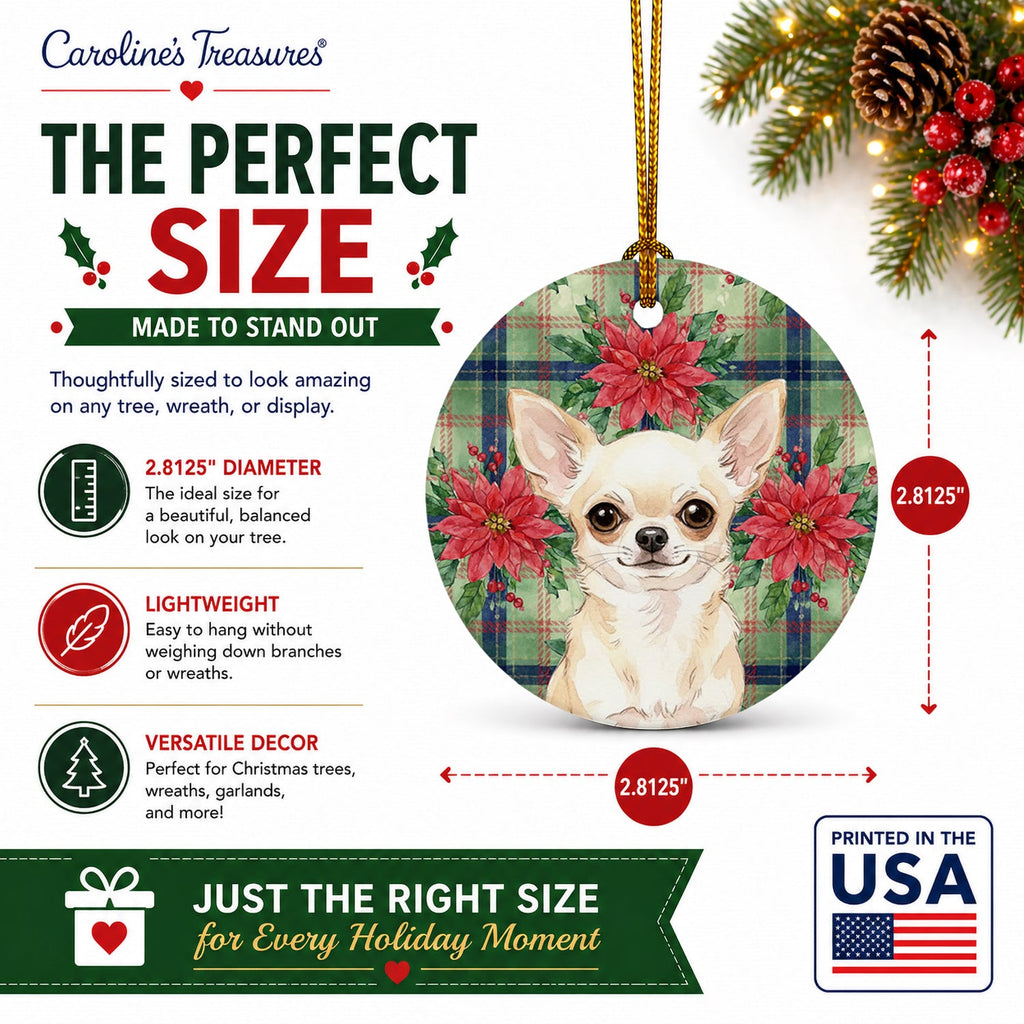 Cream Chihuahua Christmas PoinsettIas Ceramic Ornament Christmas Tree Hanging Decorations for Home Christmas Holiday, Party, Gift, 3 in, Multicolor