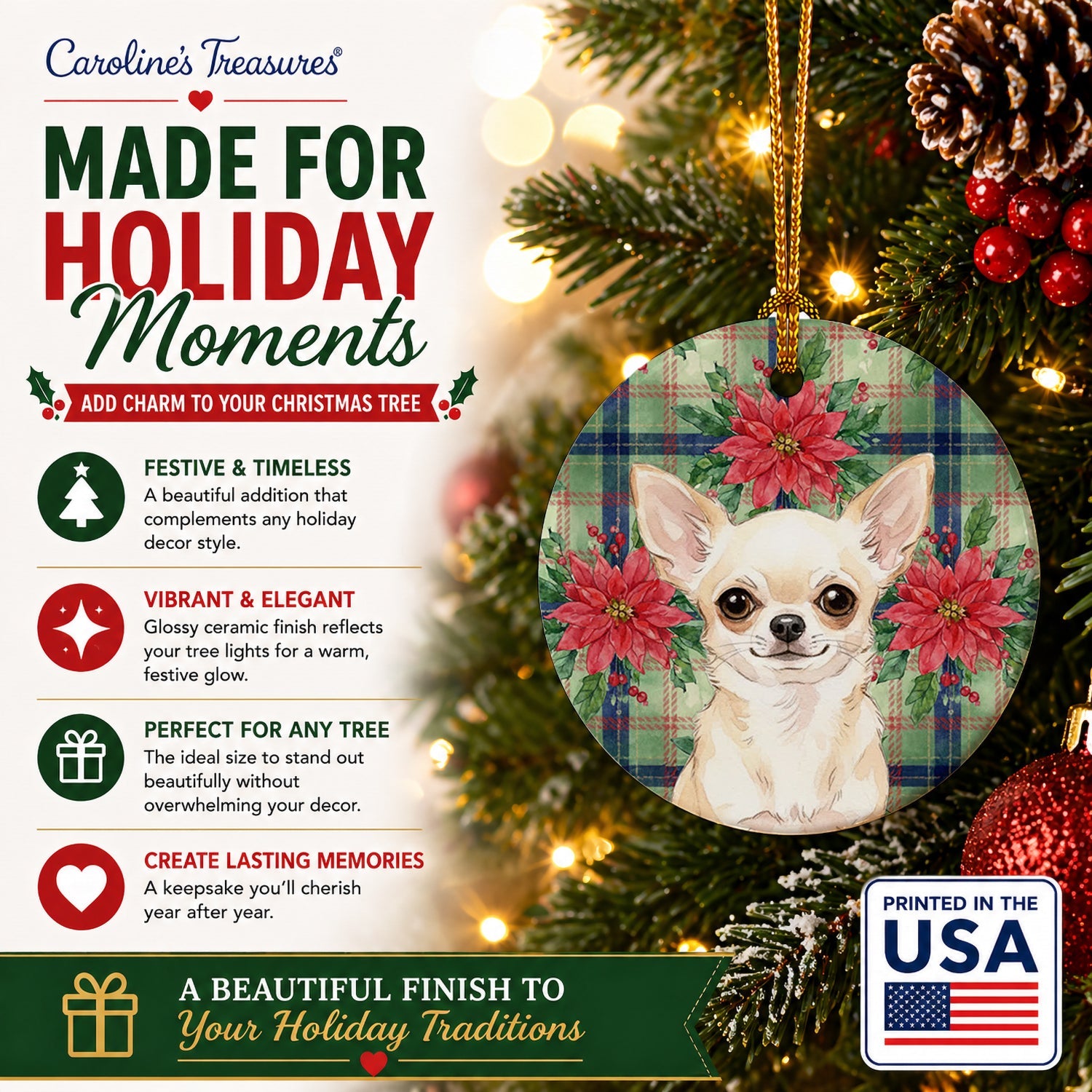Cream Chihuahua Christmas PoinsettIas Ceramic Ornament Christmas Tree Hanging Decorations for Home Christmas Holiday, Party, Gift, 3 in, Multicolor