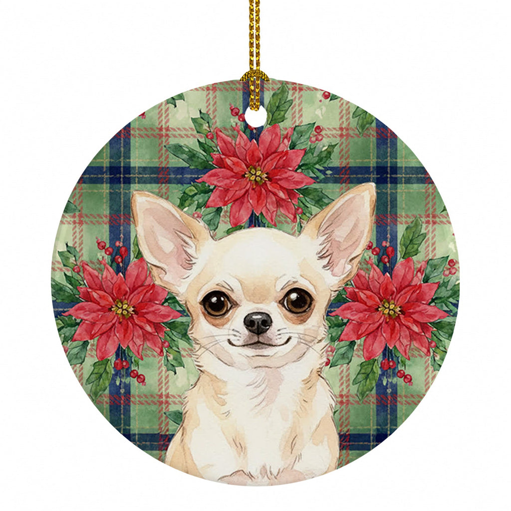 Cream Chihuahua Christmas PoinsettIas Ceramic Ornament Christmas Tree Hanging Decorations for Home Christmas Holiday, Party, Gift, 3 in, Multicolor