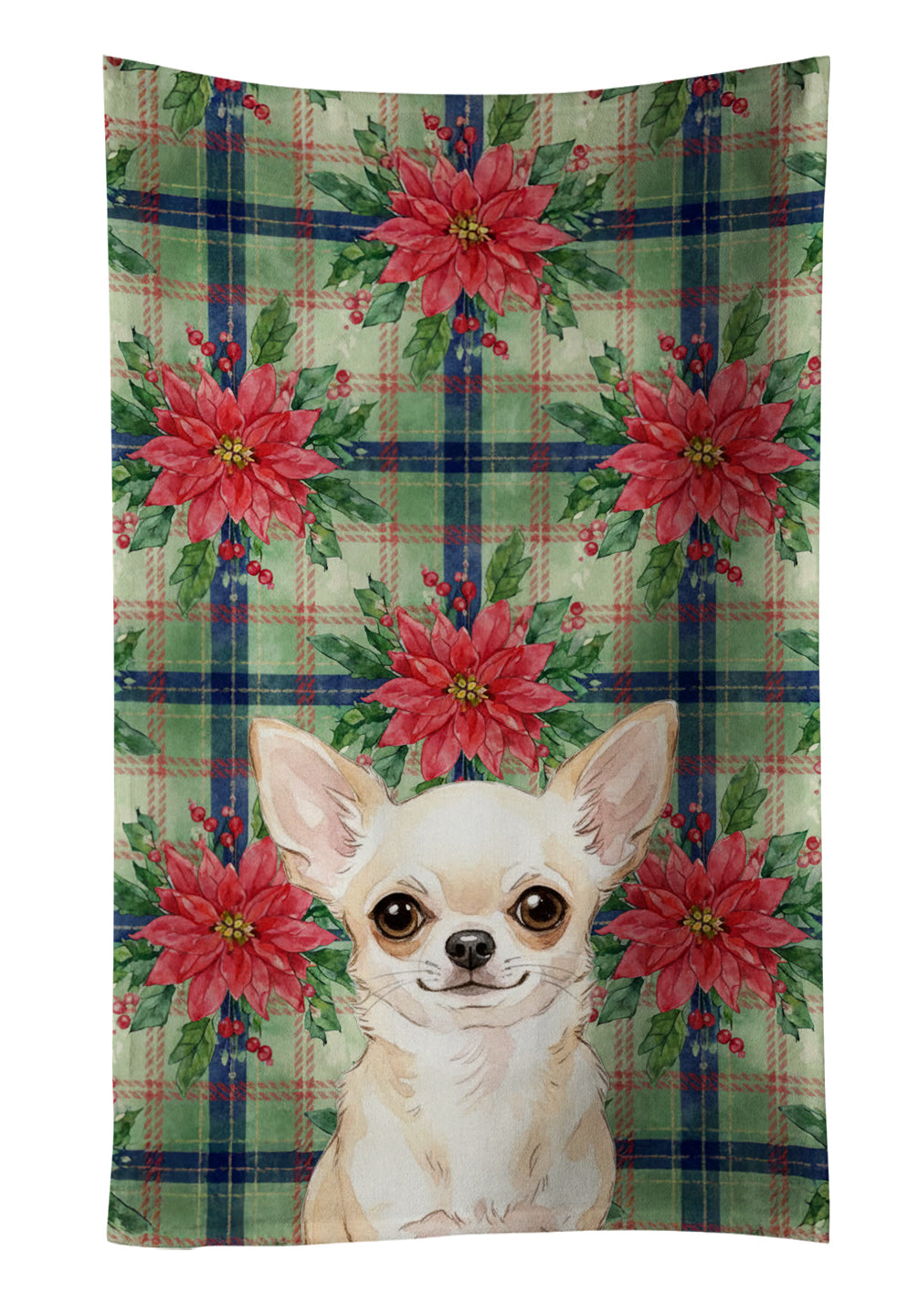 Cream Chihuahua Christmas PoinsettIas Kitchen Towel Velour Plush Front and Cotton Loop Back Machine Washable