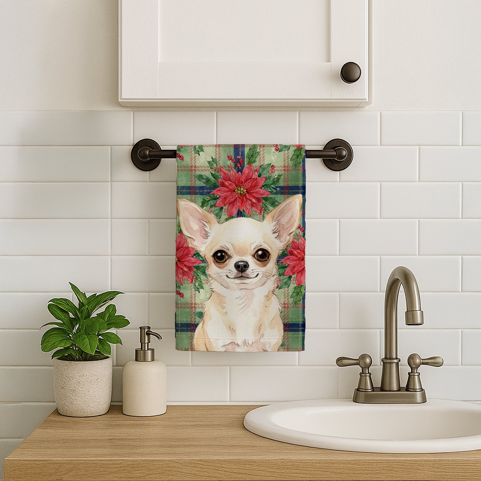 Cream Chihuahua Christmas PoinsettIas Kitchen Towel Velour Plush Front and Cotton Loop Back Machine Washable