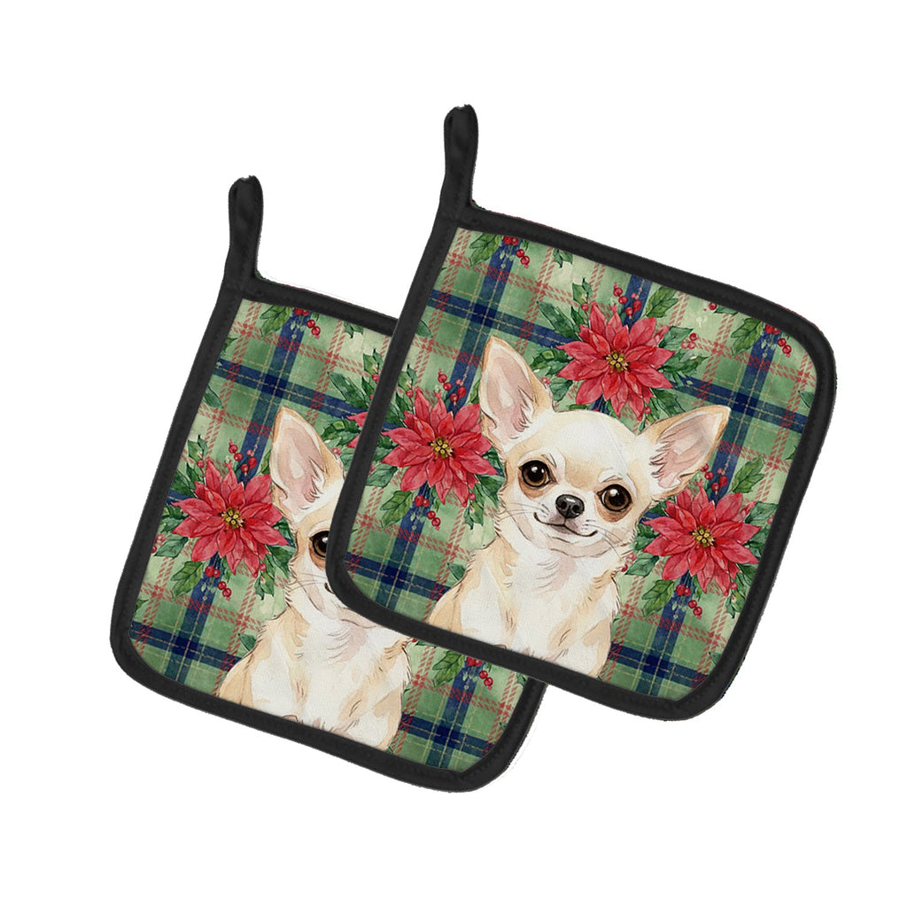 Cream Chihuahua Christmas PoinsettIas Pot Holder Set of 2 Heat Resistant Quilted Hot Pads 7.5 x 7.5 Inch, Insulated Kitchen Trivets for Cooking & Baking