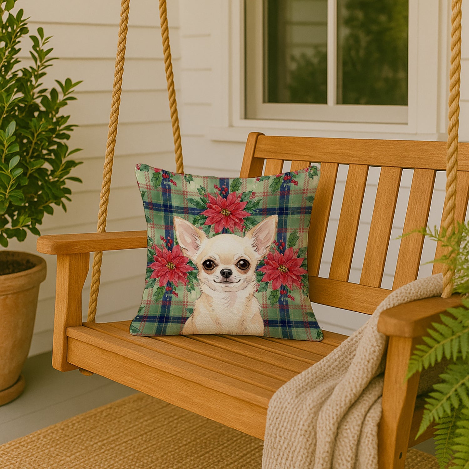 Cream Chihuahua Christmas PoinsettIas Decorative Throw Pillow 18x18 Indoor Outdoor Accent Cushion, Fabric Cover with Insert for Sofa, Bed, Porch & Living Room