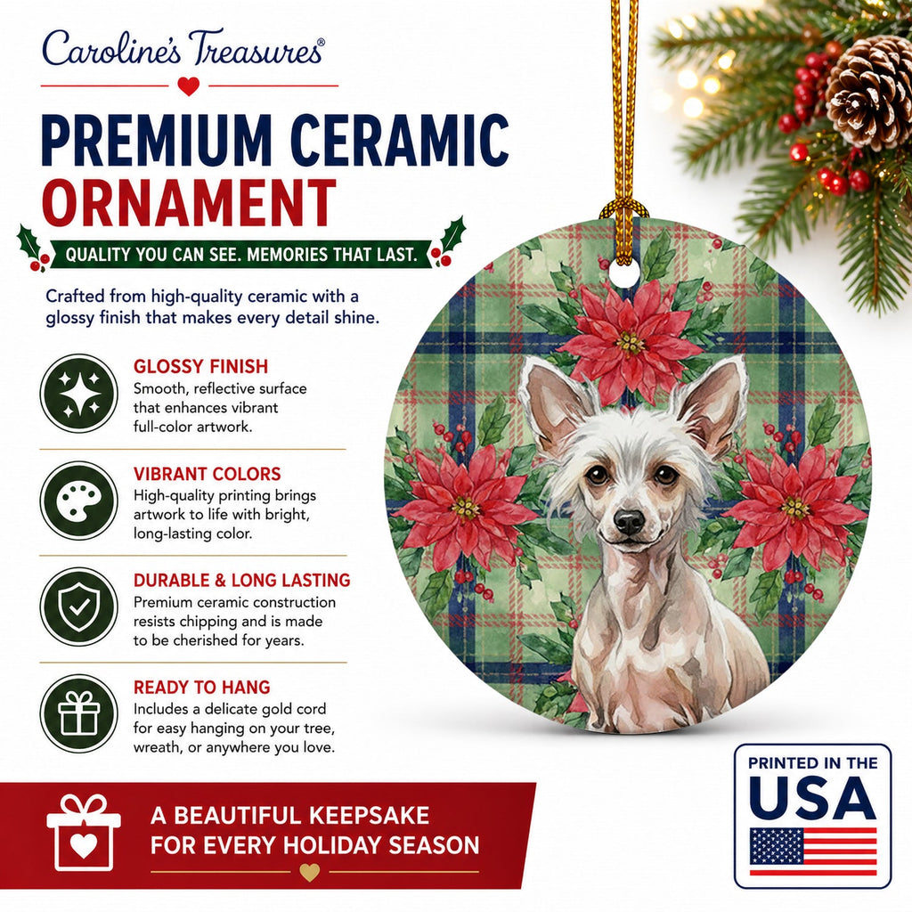 Hairless Chinese Crested Christmas PoinsettIas Ceramic Ornament Christmas Tree Hanging Decorations for Home Christmas Holiday, Party, Gift, 3 in, Multicolor