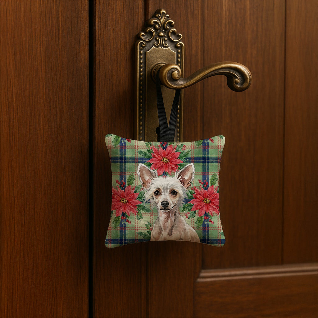 Hairless Chinese Crested Christmas PoinsettIas Hanging Square Fabric Ornament 3.5 � 3.5 Decorative Door-Knob & Tree Hanger, Soft Fabric