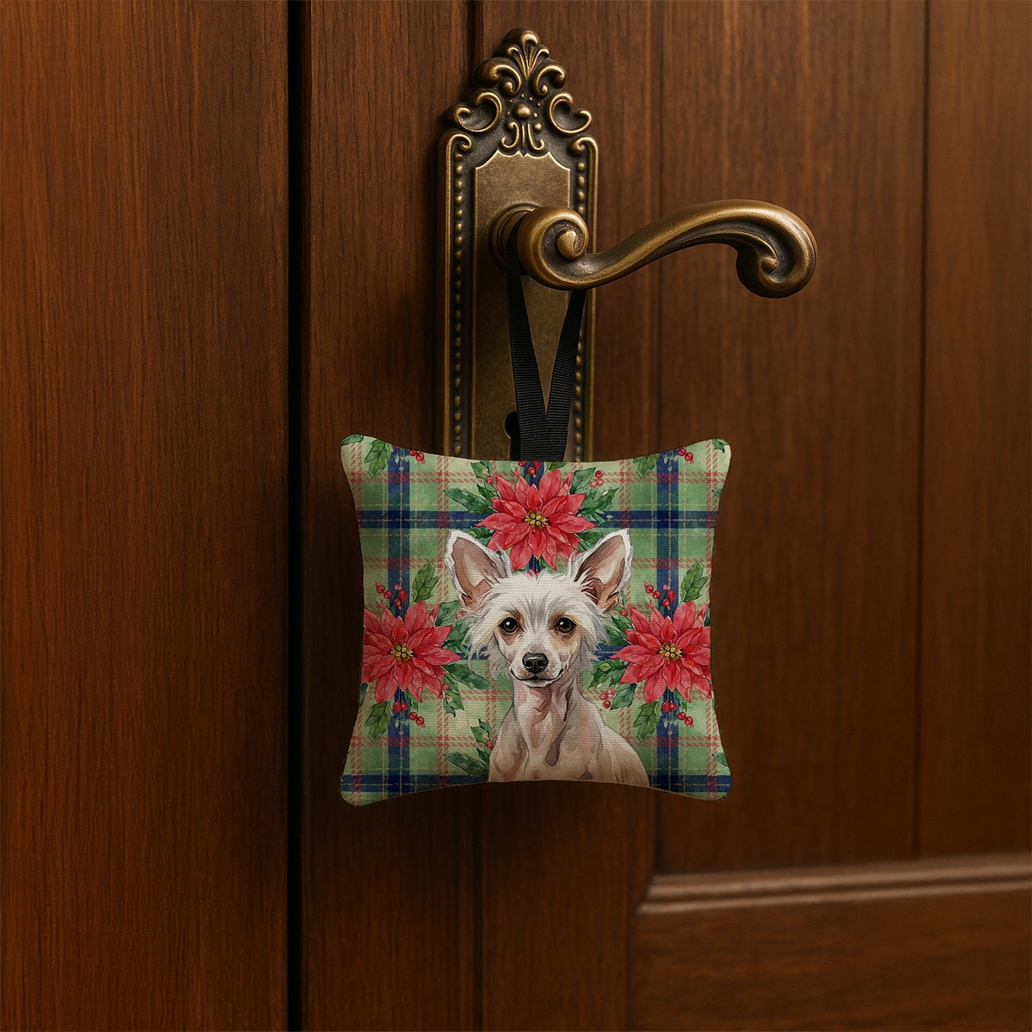 Hairless Chinese Crested Christmas PoinsettIas Hanging Square Fabric Ornament 3.5 � 3.5 Decorative Door-Knob & Tree Hanger, Soft Fabric