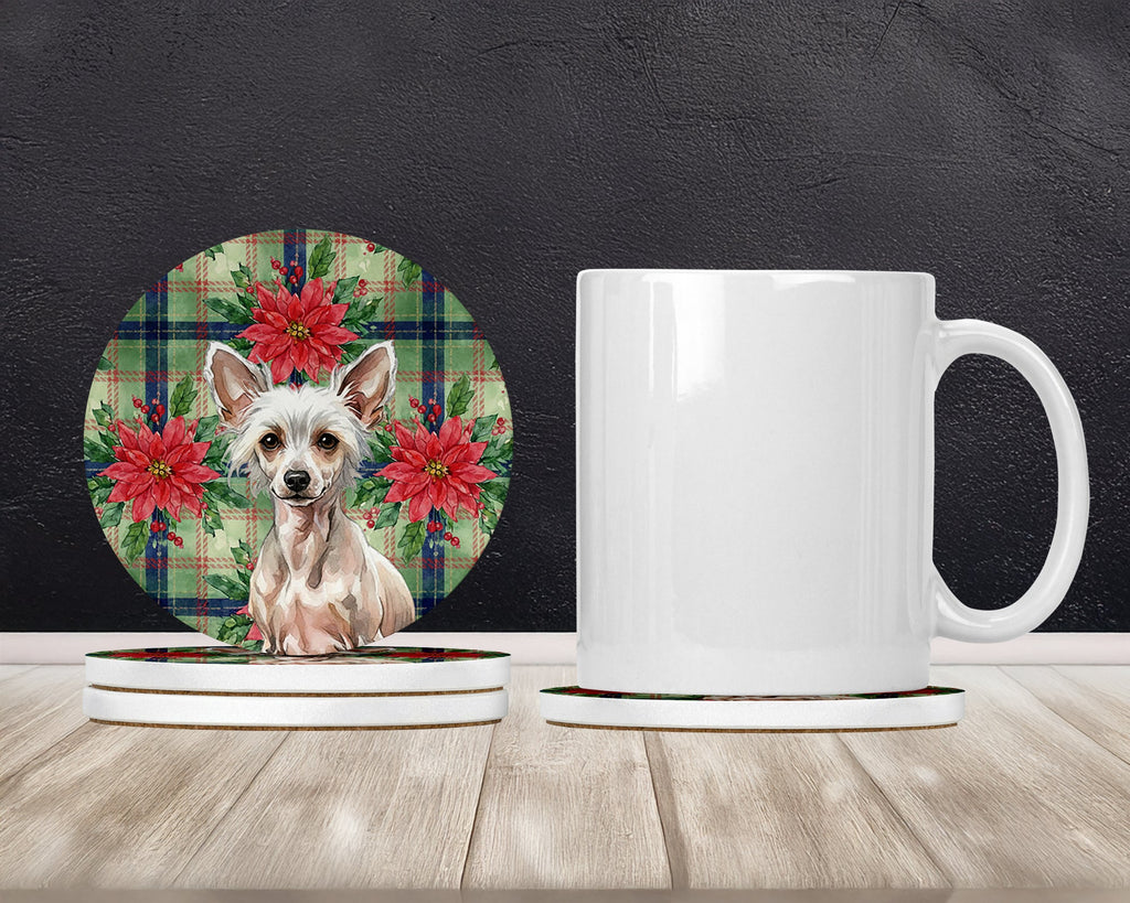 Hairless Chinese Crested Christmas PoinsettIas Large Sandstone Coasters Pack of 4 Absorbent Round Coasters Decor Gifts for Men or Women, 4 in, Multicolor