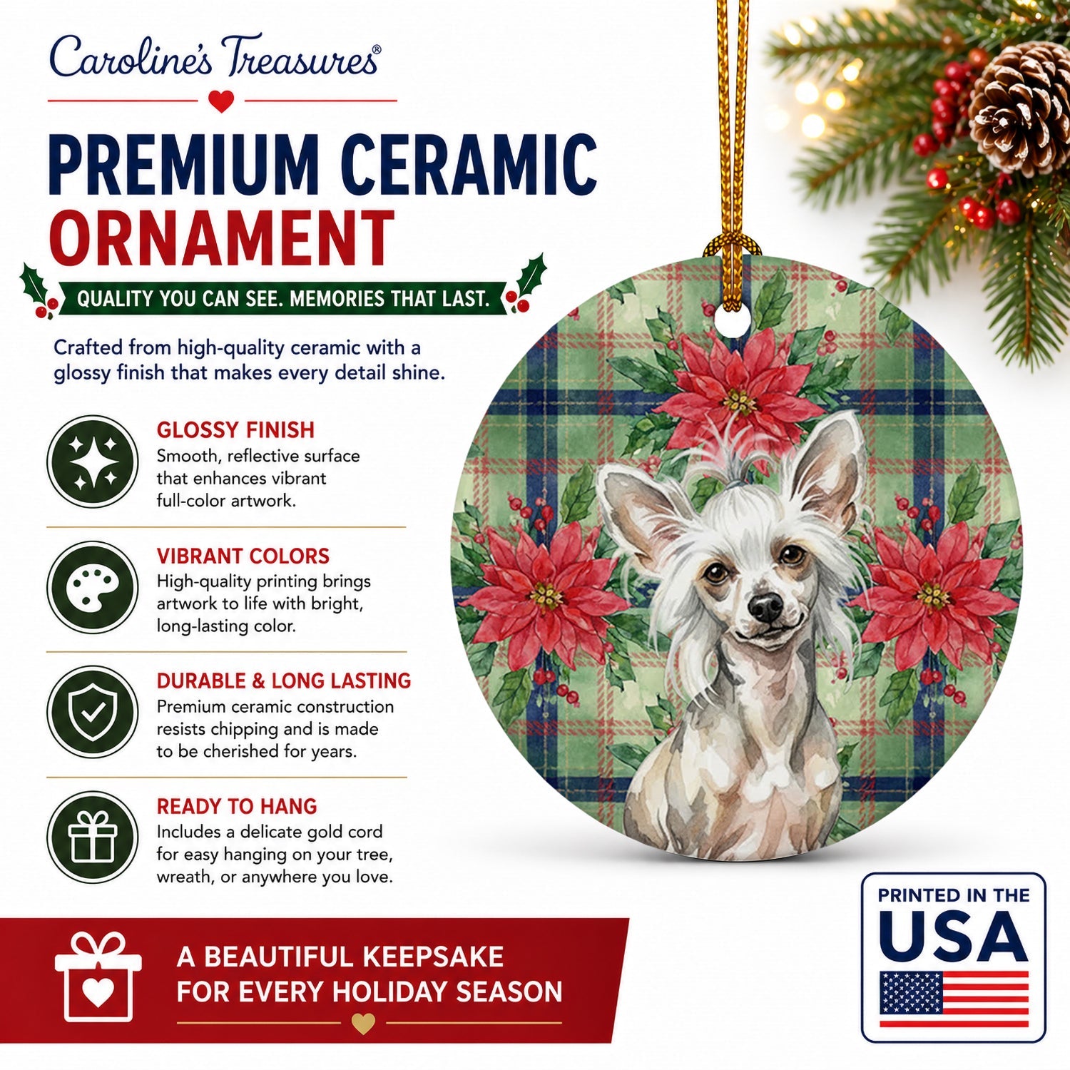 Hairless Mottled Pattern Chinese Crested Christmas PoinsettIas Ceramic Ornament Christmas Tree Hanging Decorations for Home Christmas Holiday, Party, Gift, 3 in, Multicolor