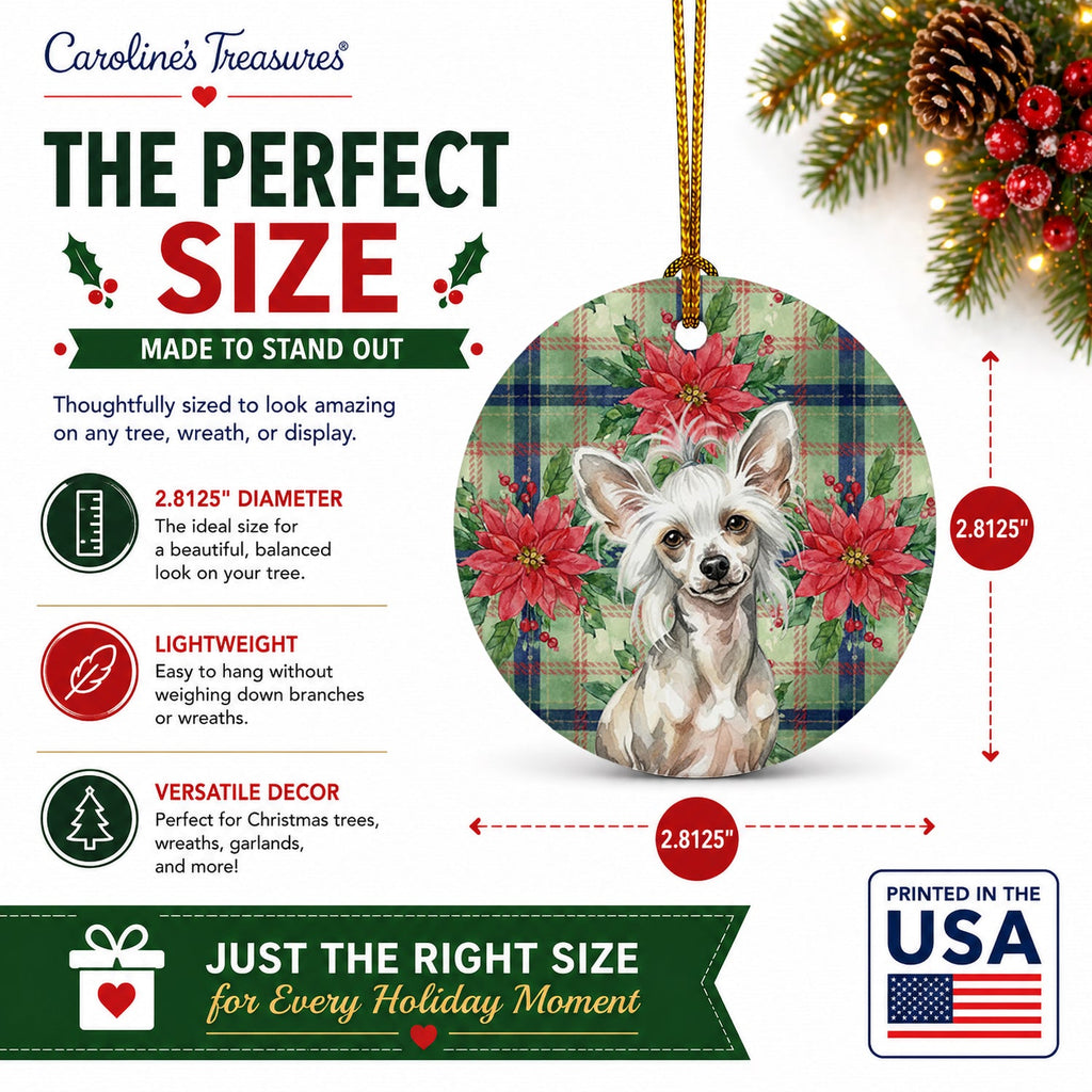 Hairless Mottled Pattern Chinese Crested Christmas PoinsettIas Ceramic Ornament Christmas Tree Hanging Decorations for Home Christmas Holiday, Party, Gift, 3 in, Multicolor