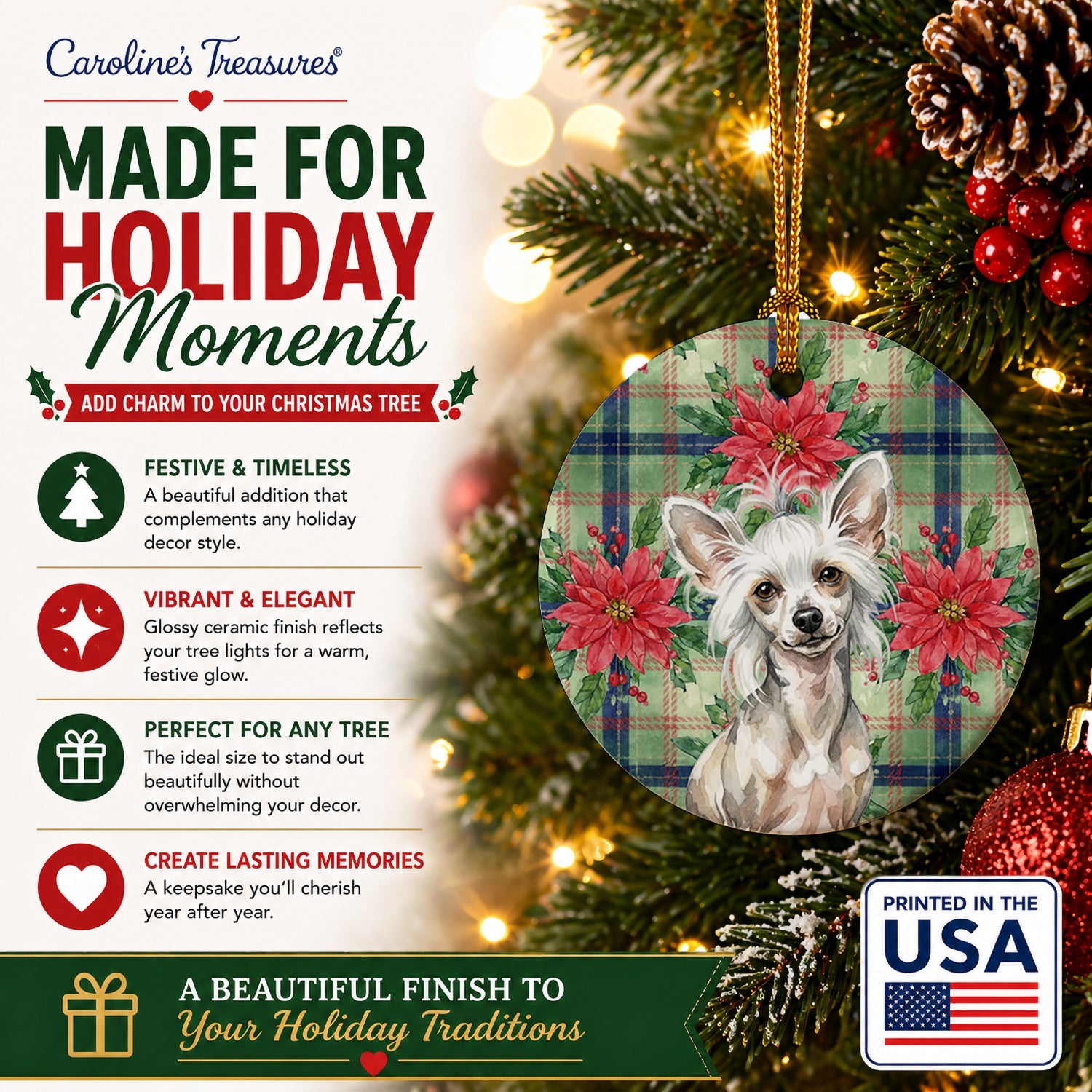 Hairless Mottled Pattern Chinese Crested Christmas PoinsettIas Ceramic Ornament Christmas Tree Hanging Decorations for Home Christmas Holiday, Party, Gift, 3 in, Multicolor