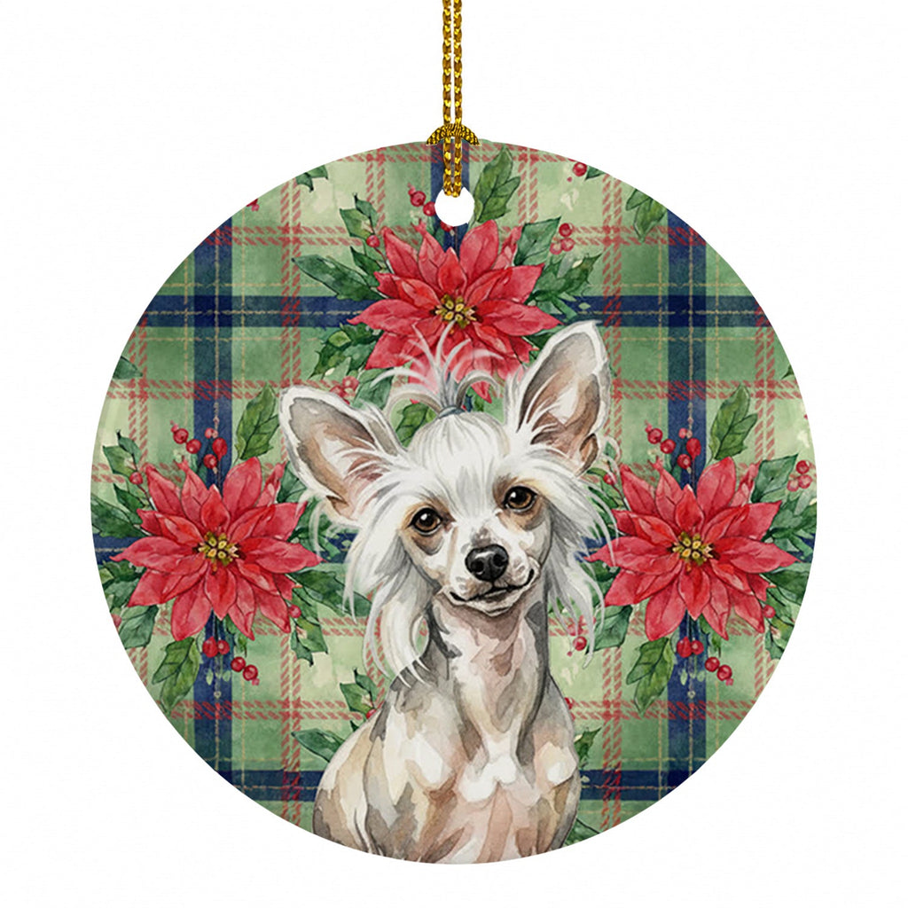 Hairless Mottled Pattern Chinese Crested Christmas PoinsettIas Ceramic Ornament Christmas Tree Hanging Decorations for Home Christmas Holiday, Party, Gift, 3 in, Multicolor