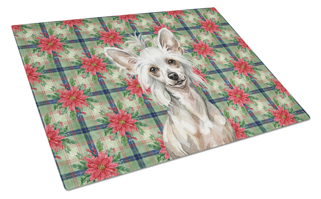 Hairless Mottled Pattern Chinese Crested Christmas PoinsettIas Cutting Board Tempered Glass Kitchen Cutting Surface, Heat Resistant Chopping, Non-Slip Feet, Food Prep & Serving