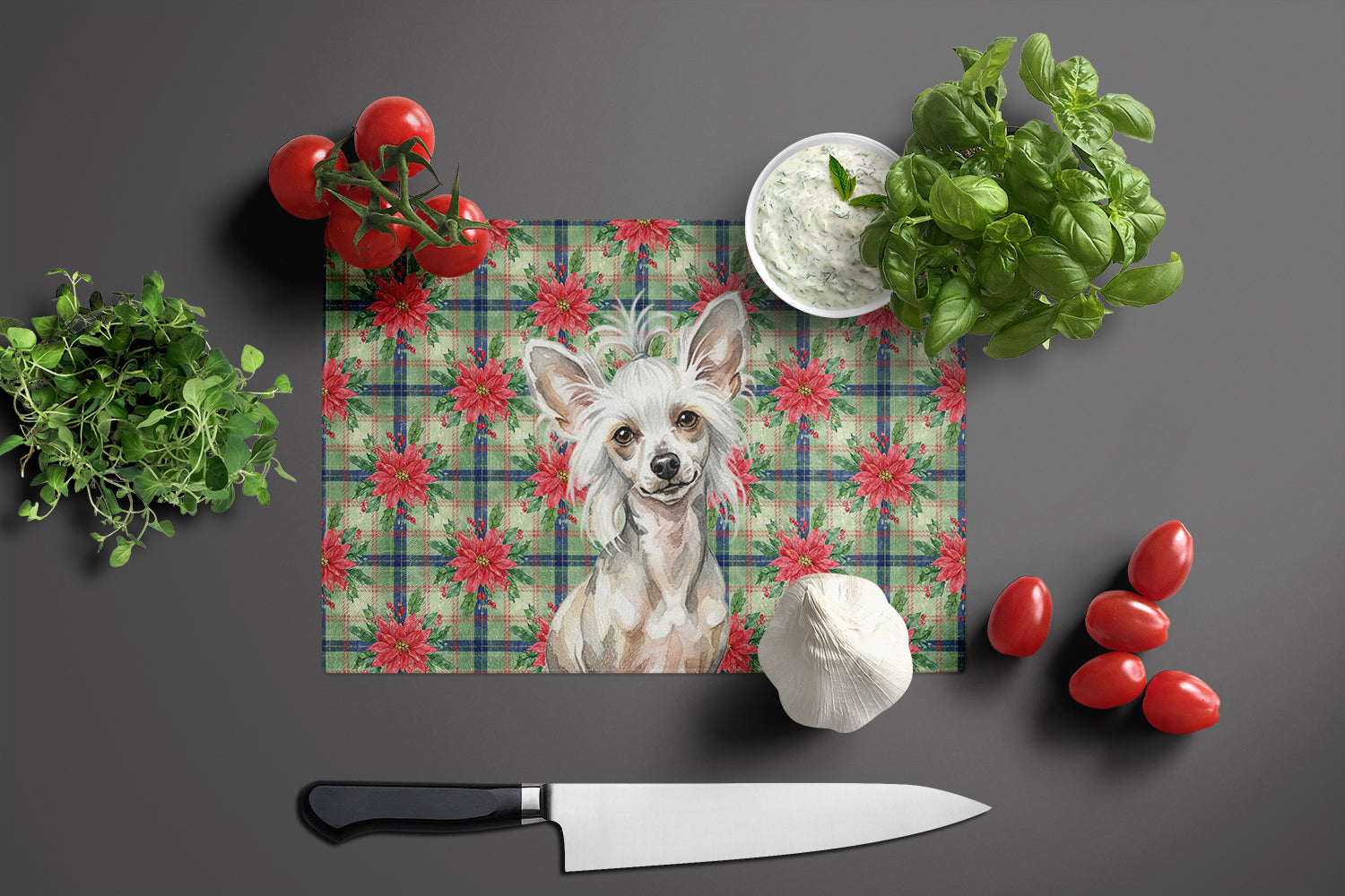 Hairless Mottled Pattern Chinese Crested Christmas PoinsettIas Cutting Board Tempered Glass Kitchen Cutting Surface, Heat Resistant Chopping, Non-Slip Feet, Food Prep & Serving