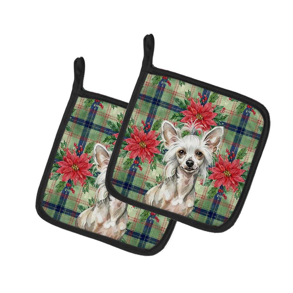 Hairless Mottled Pattern Chinese Crested Christmas PoinsettIas Pot Holder Set of 2 Heat Resistant Quilted Hot Pads 7.5 x 7.5 Inch, Insulated Kitchen Trivets for Cooking & Baking