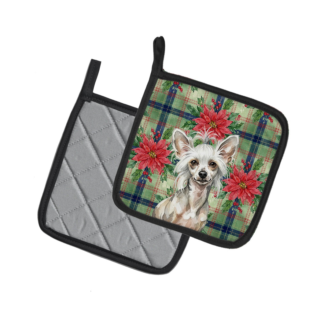 Hairless Mottled Pattern Chinese Crested Christmas PoinsettIas Pot Holder Set of 2 Heat Resistant Quilted Hot Pads 7.5 x 7.5 Inch, Insulated Kitchen Trivets for Cooking & Baking