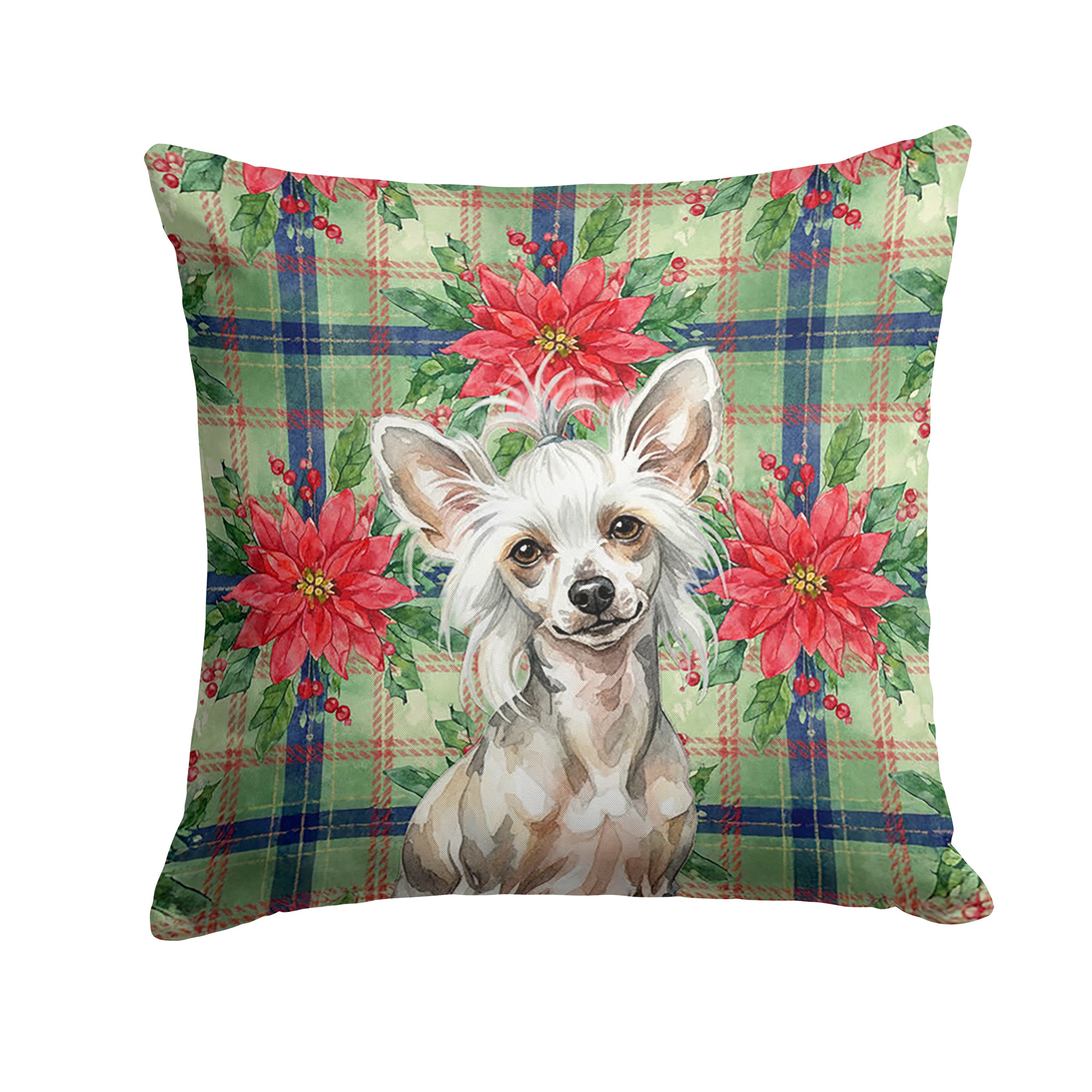 Hairless Mottled Pattern Chinese Crested Christmas PoinsettIas Decorative Throw Pillow 14x14 Indoor Outdoor Accent Cushion, Fabric Cover with Insert for Sofa, Bed, Porch & Living Room