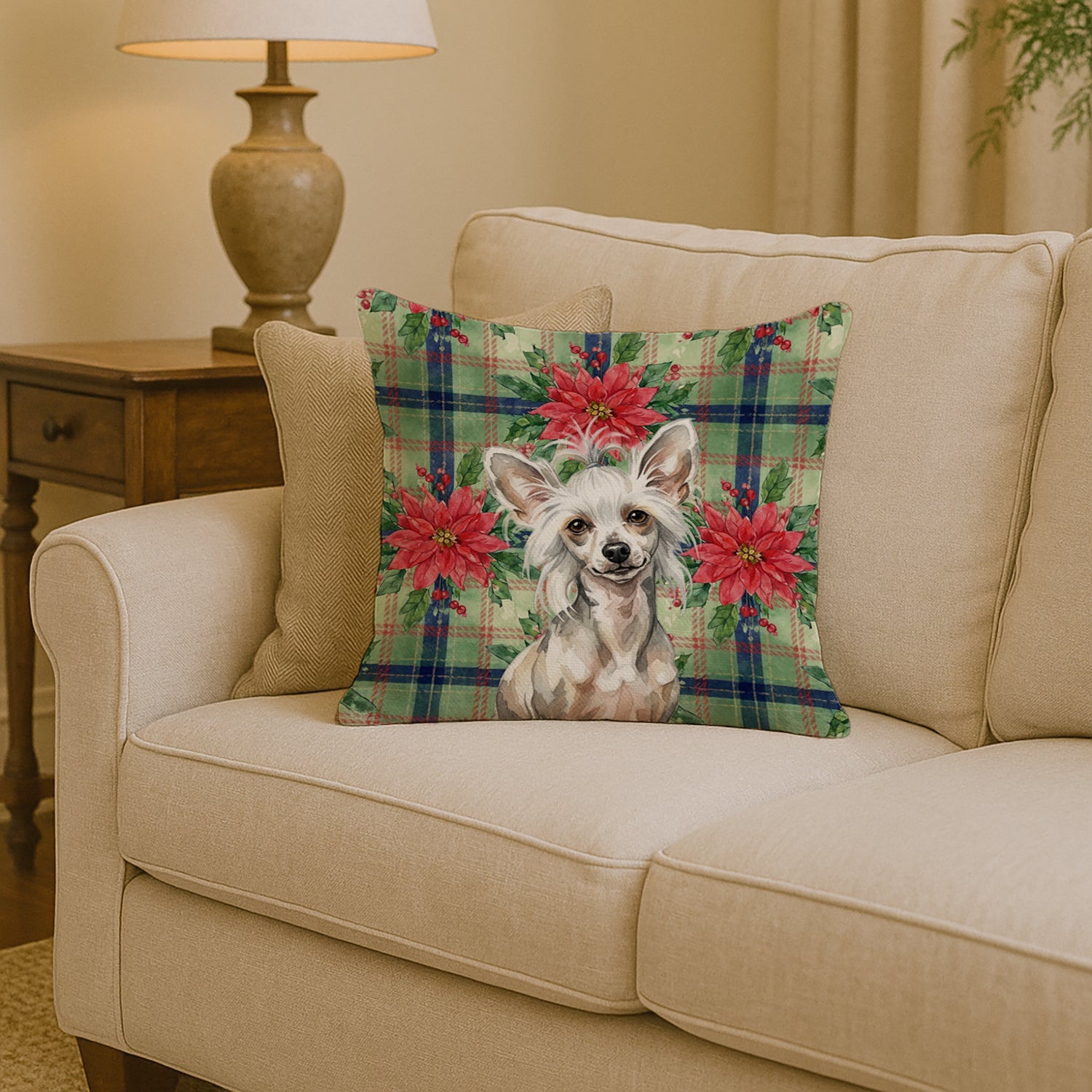 Hairless Mottled Pattern Chinese Crested Christmas PoinsettIas Decorative Throw Pillow 14x14 Indoor Outdoor Accent Cushion, Fabric Cover with Insert for Sofa, Bed, Porch & Living Room