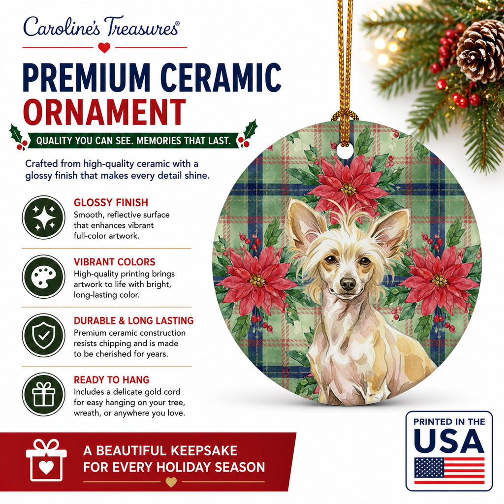 Hairless Palomino Chinese Crested Christmas PoinsettIas Ceramic Ornament Christmas Tree Hanging Decorations for Home Christmas Holiday, Party, Gift, 3 in, Multicolor