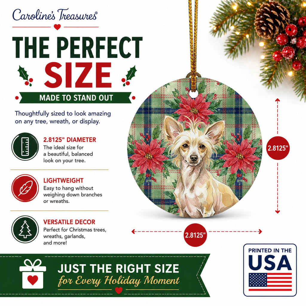 Hairless Palomino Chinese Crested Christmas PoinsettIas Ceramic Ornament Christmas Tree Hanging Decorations for Home Christmas Holiday, Party, Gift, 3 in, Multicolor