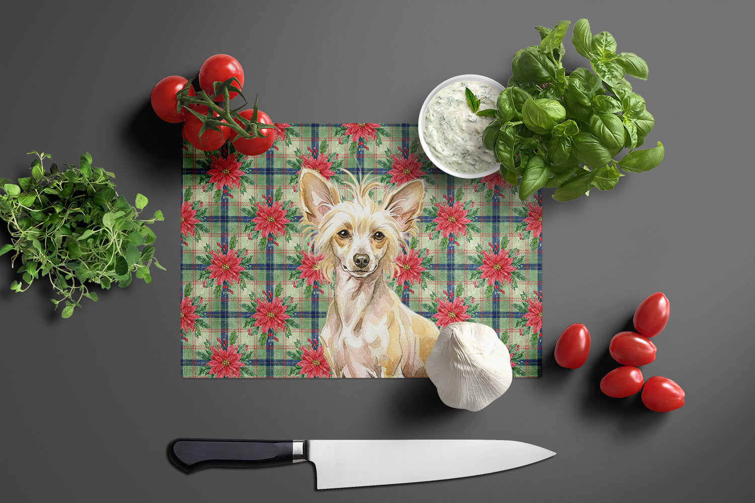 Hairless Palomino Chinese Crested Christmas PoinsettIas Cutting Board Tempered Glass Kitchen Cutting Surface, Heat Resistant Chopping, Non-Slip Feet, Food Prep & Serving