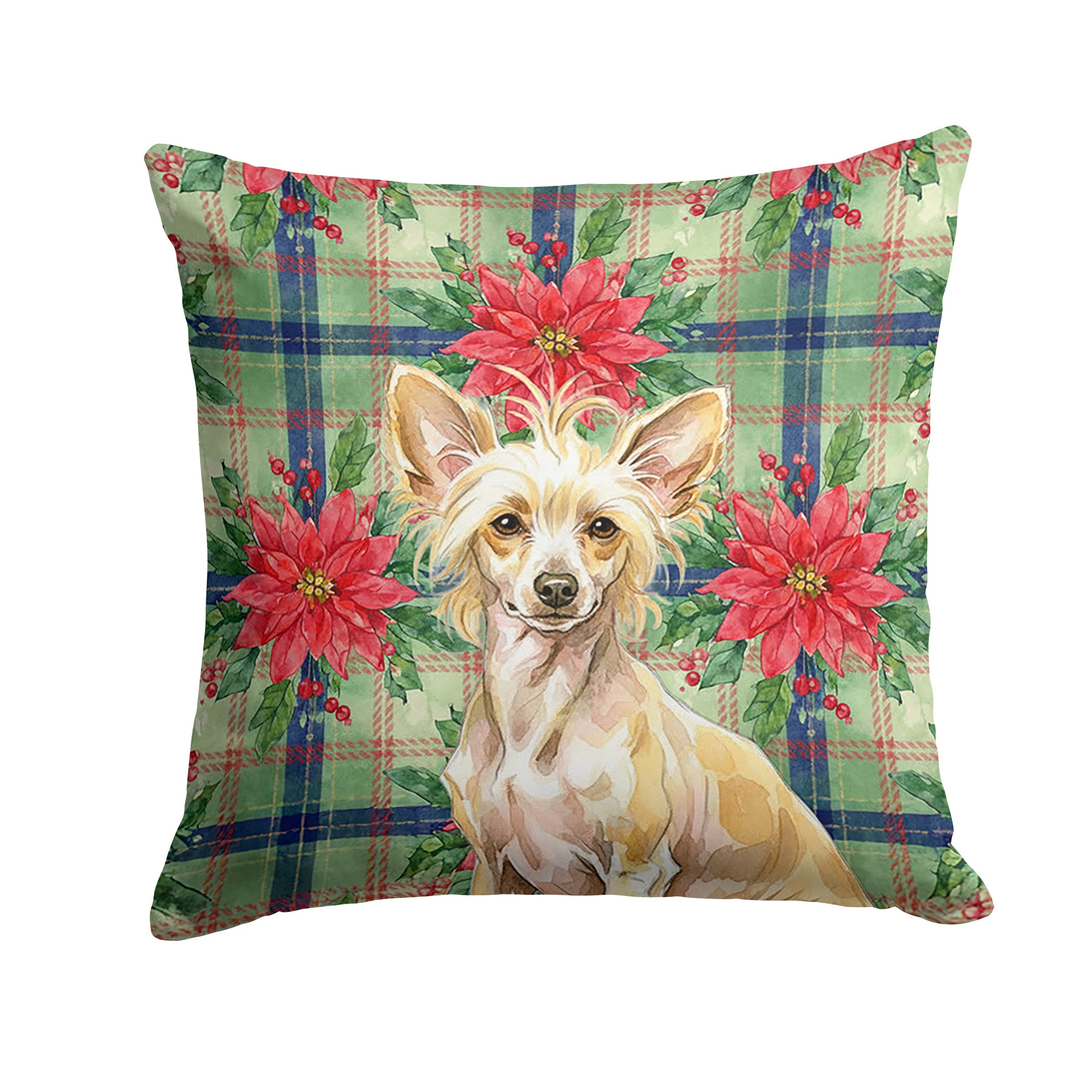 Hairless Palomino Chinese Crested Christmas PoinsettIas Decorative Throw Pillow 14x14 Indoor Outdoor Accent Cushion, Fabric Cover with Insert for Sofa, Bed, Porch & Living Room